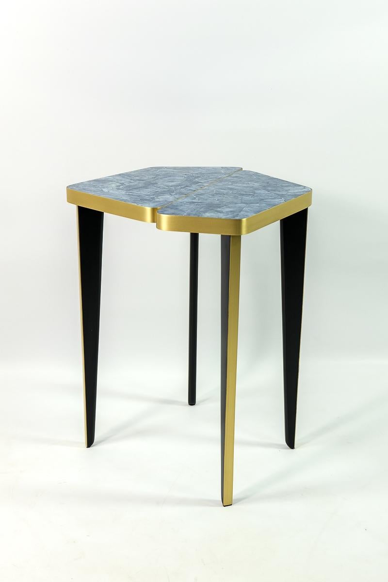 Art Deco Side Table in Blue Marquetry and Brass by Ginger Brown