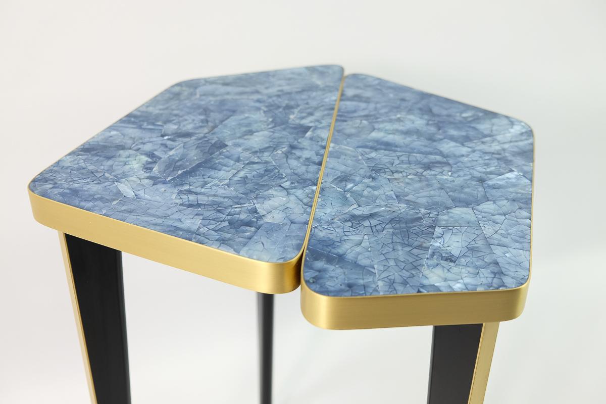 Side Table in Blue Marquetry and Brass by Ginger Brown In New Condition In Bourguebus, FR