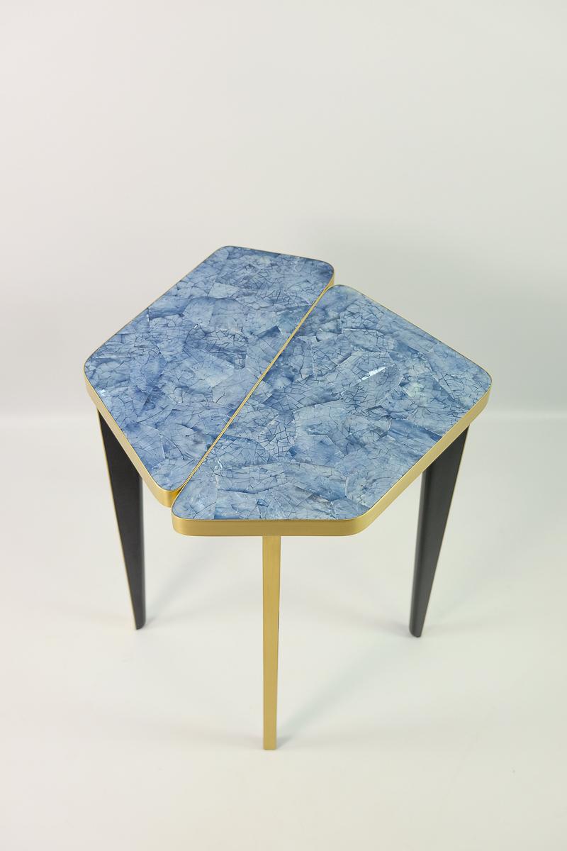 Contemporary Side Table in Blue Marquetry and Brass by Ginger Brown