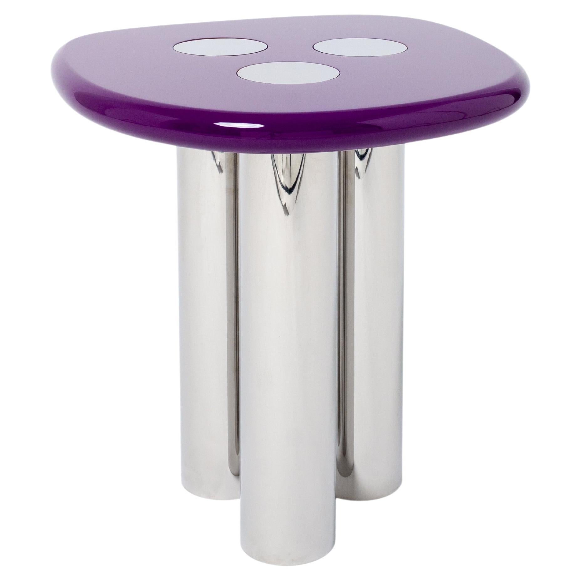 Side table in stainless steel and high gloss lacquered wood by Reverso Studio For Sale