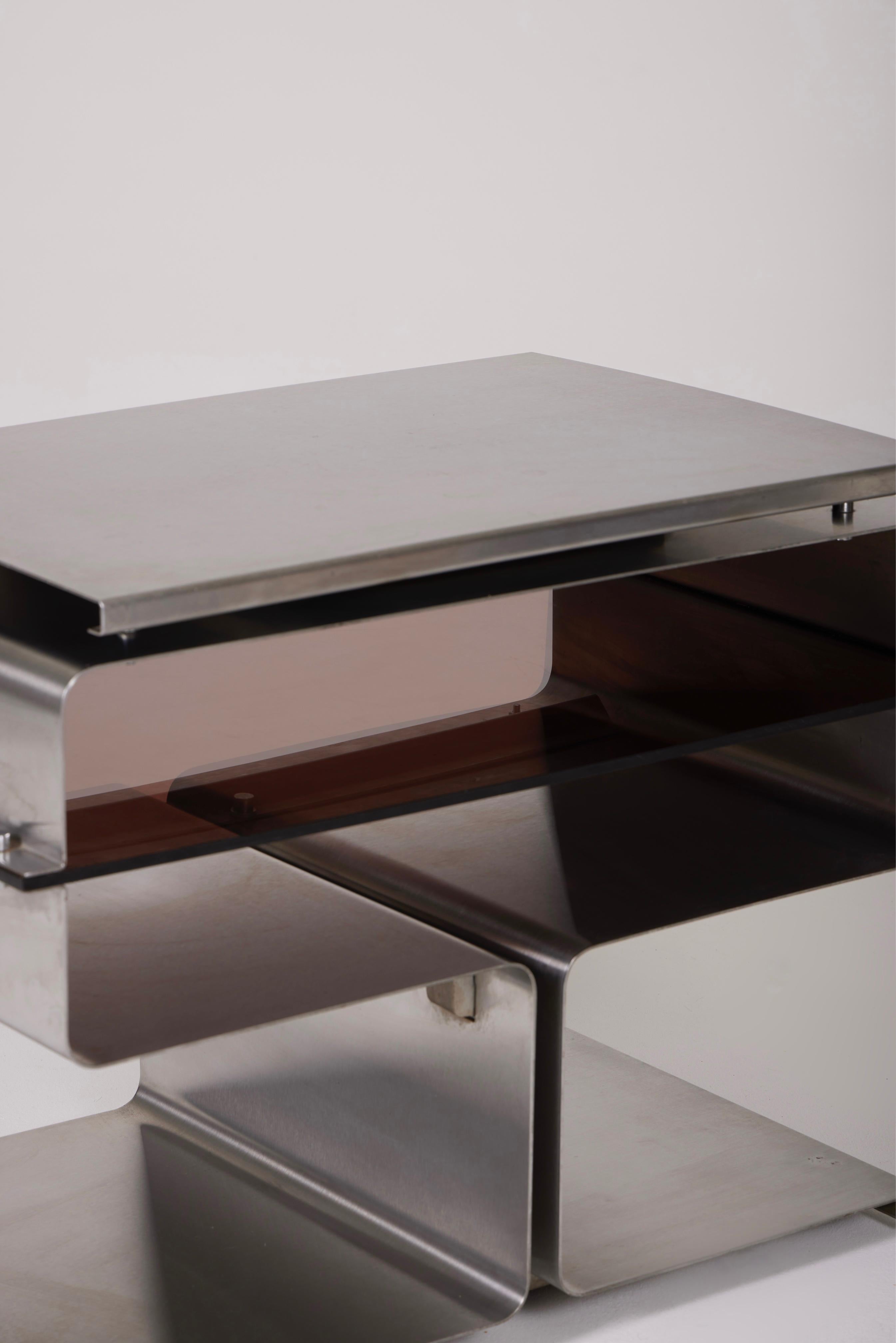 Side Table In Brushed Steel And Plexiglass, François Monnet, 1970s 8
