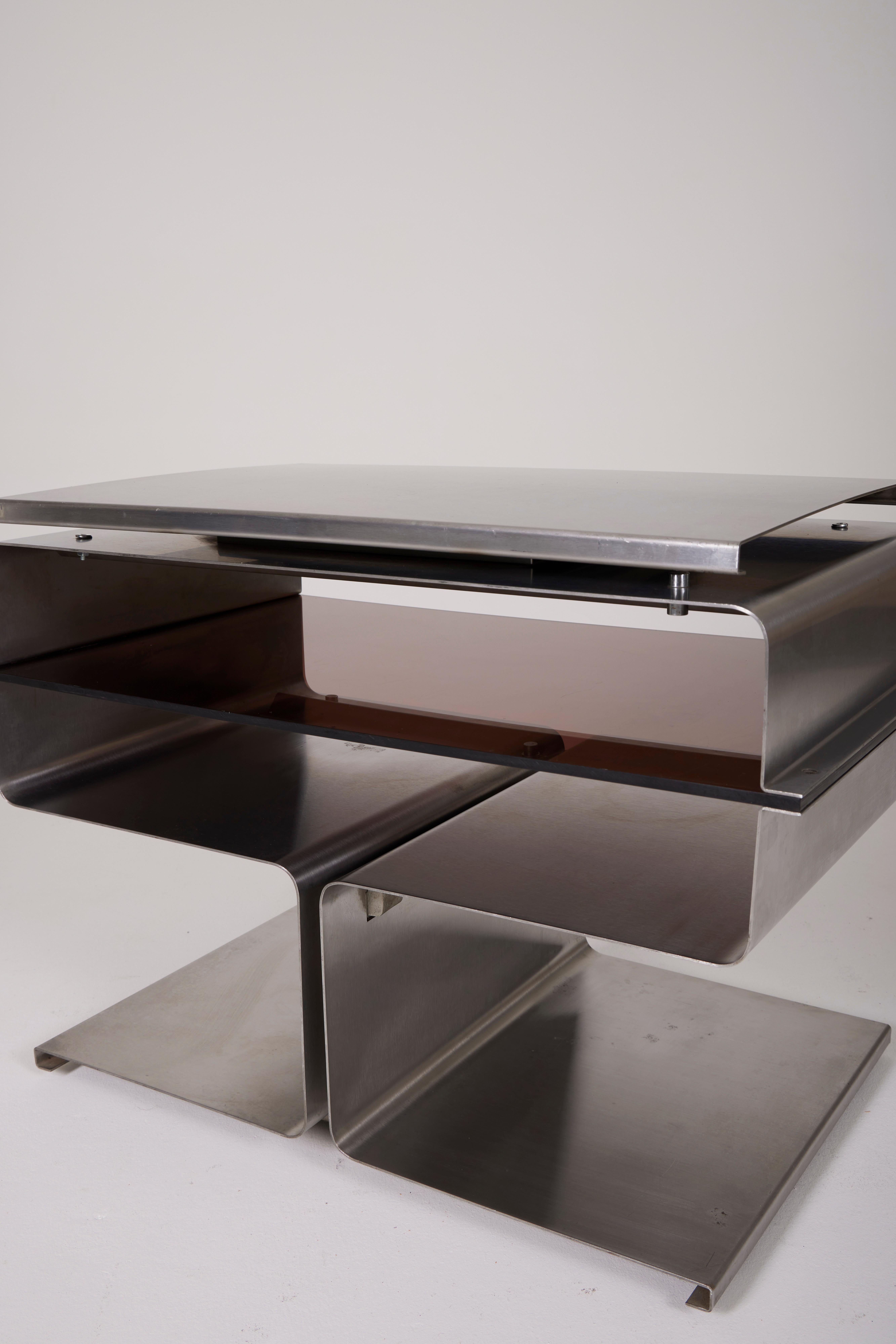 Side Table In Brushed Steel And Plexiglass, François Monnet, 1970s 10