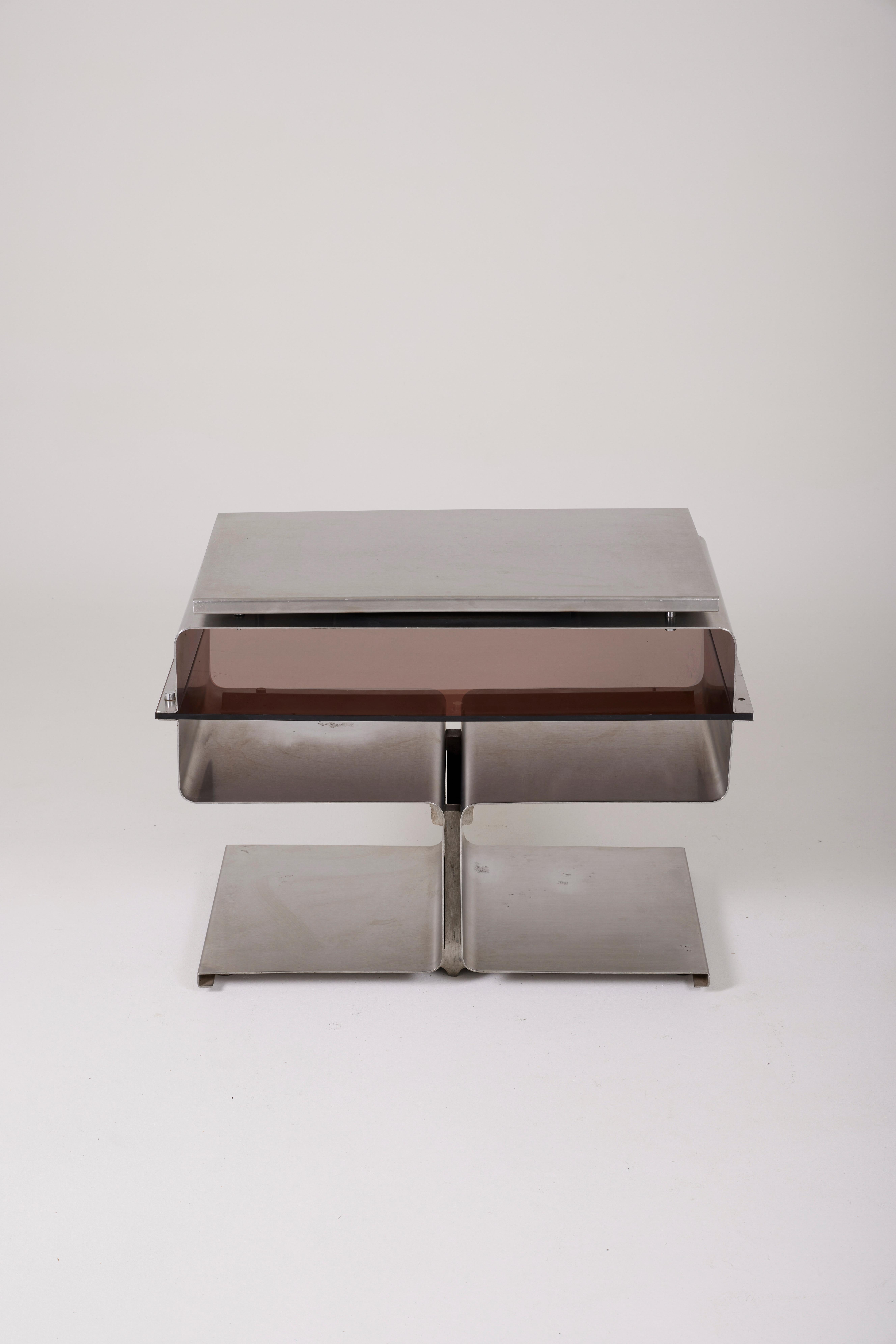 Side Table In Brushed Steel And Plexiglass, François Monnet, 1970s In Good Condition In PARIS, FR