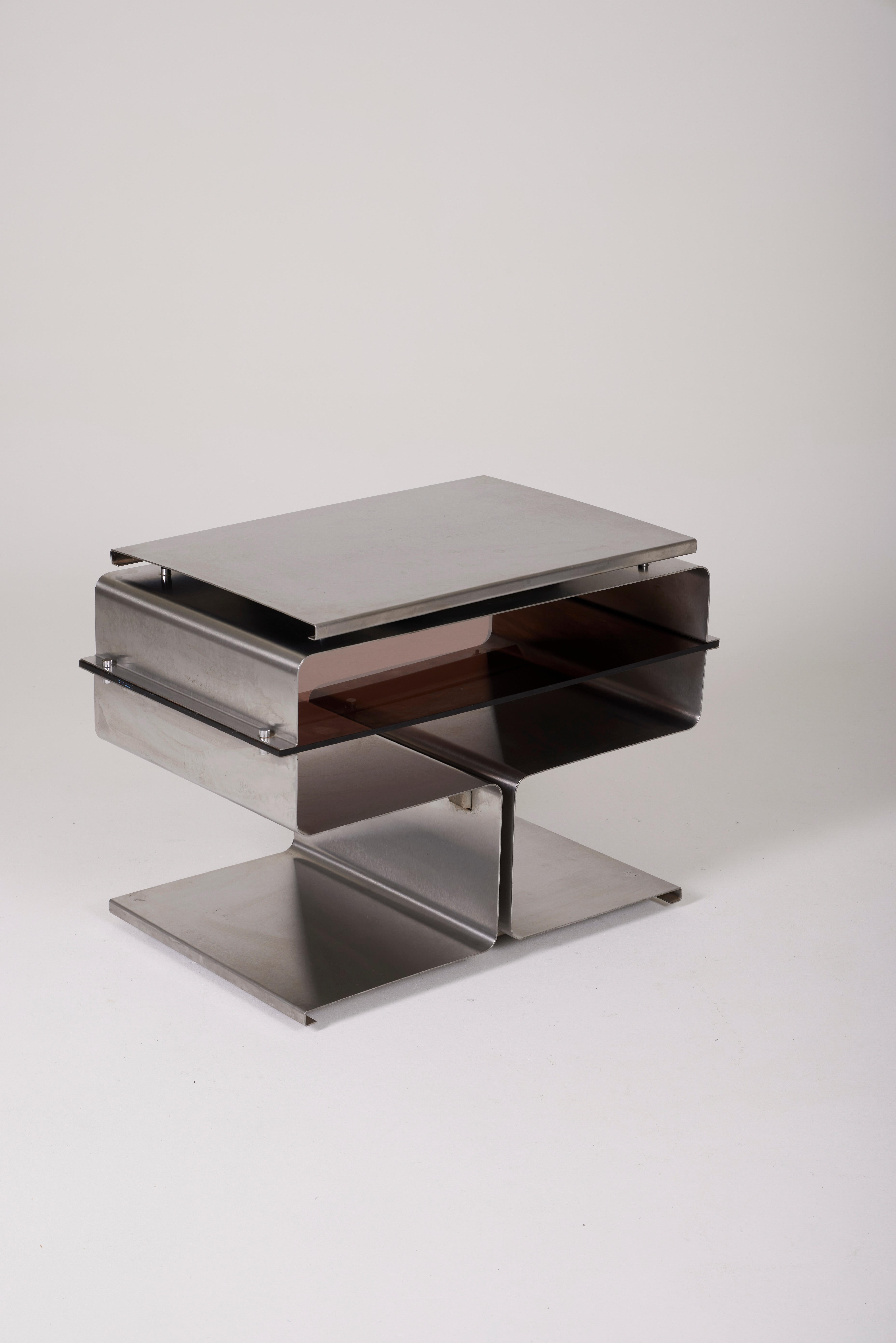 20th Century Side Table In Brushed Steel And Plexiglass, François Monnet, 1970s