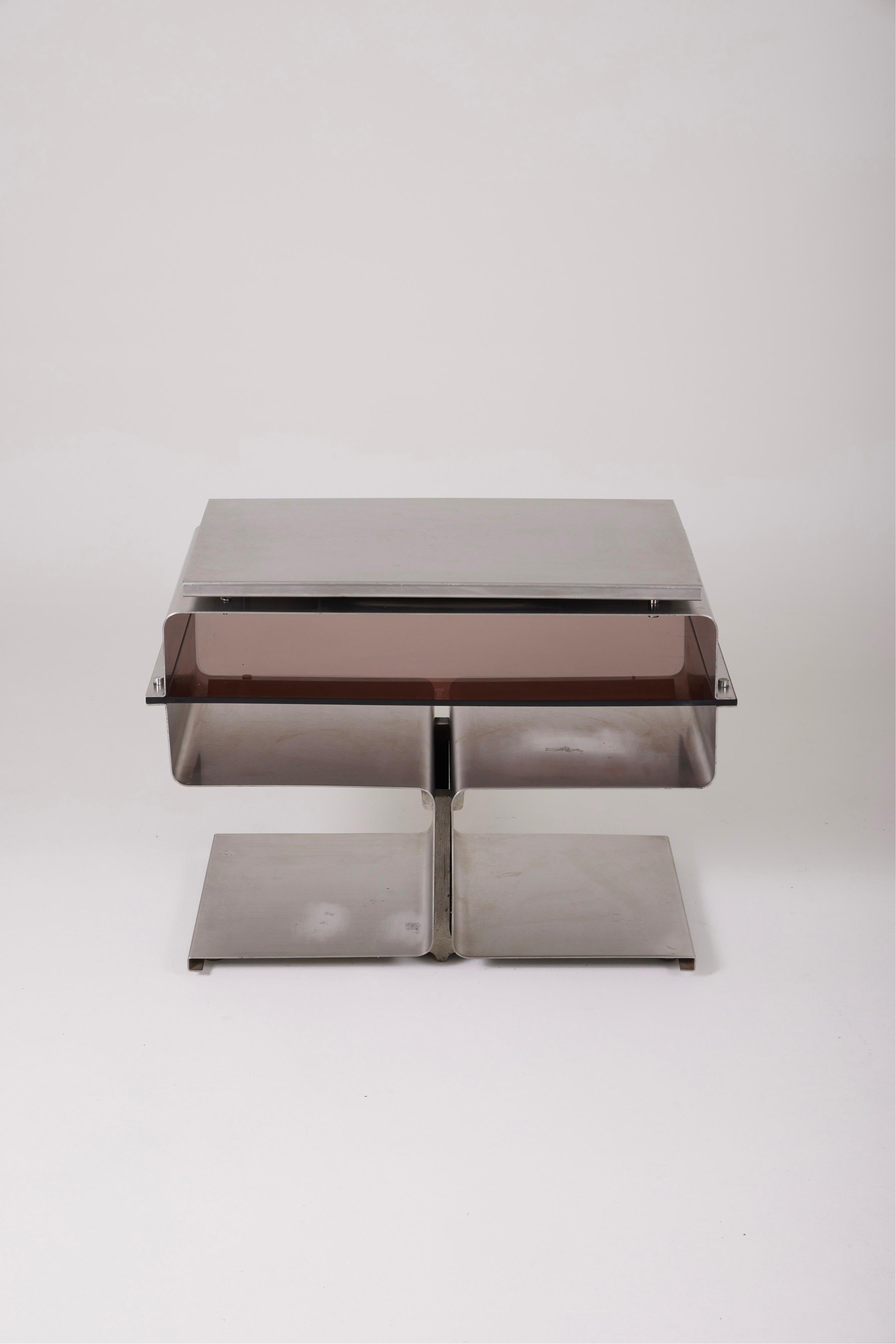 Side Table In Brushed Steel And Plexiglass, François Monnet, 1970s 3