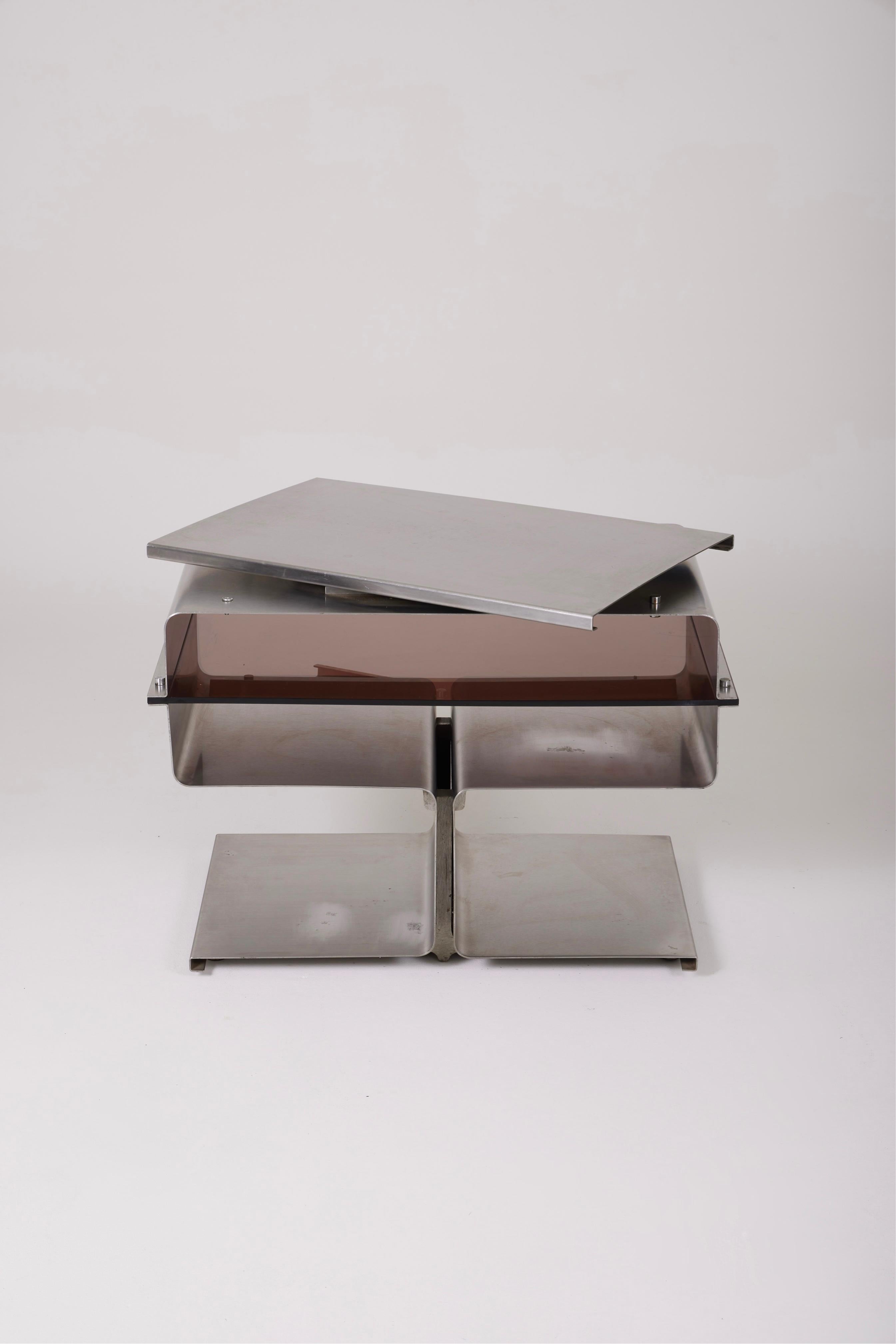 Side Table In Brushed Steel And Plexiglass, François Monnet, 1970s 4