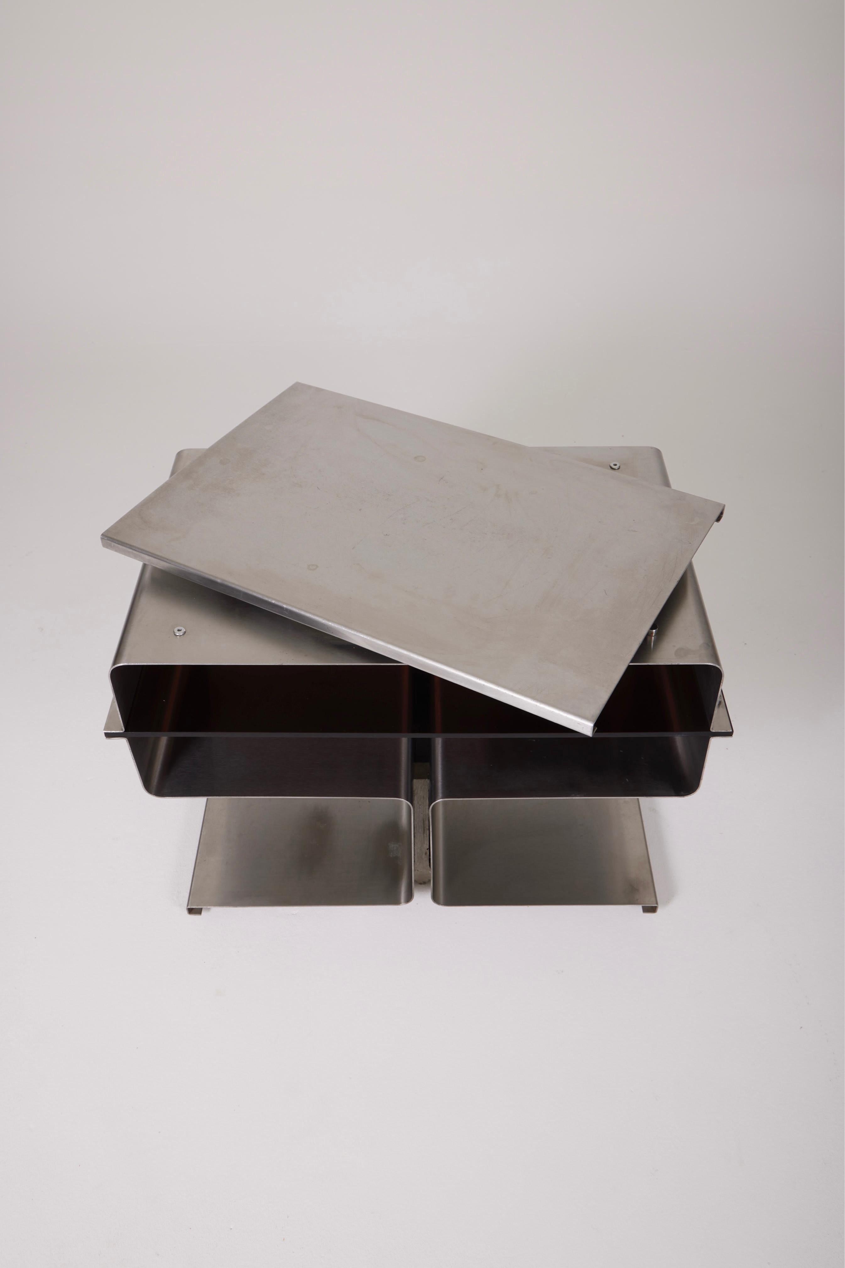 Side Table In Brushed Steel And Plexiglass, François Monnet, 1970s 5