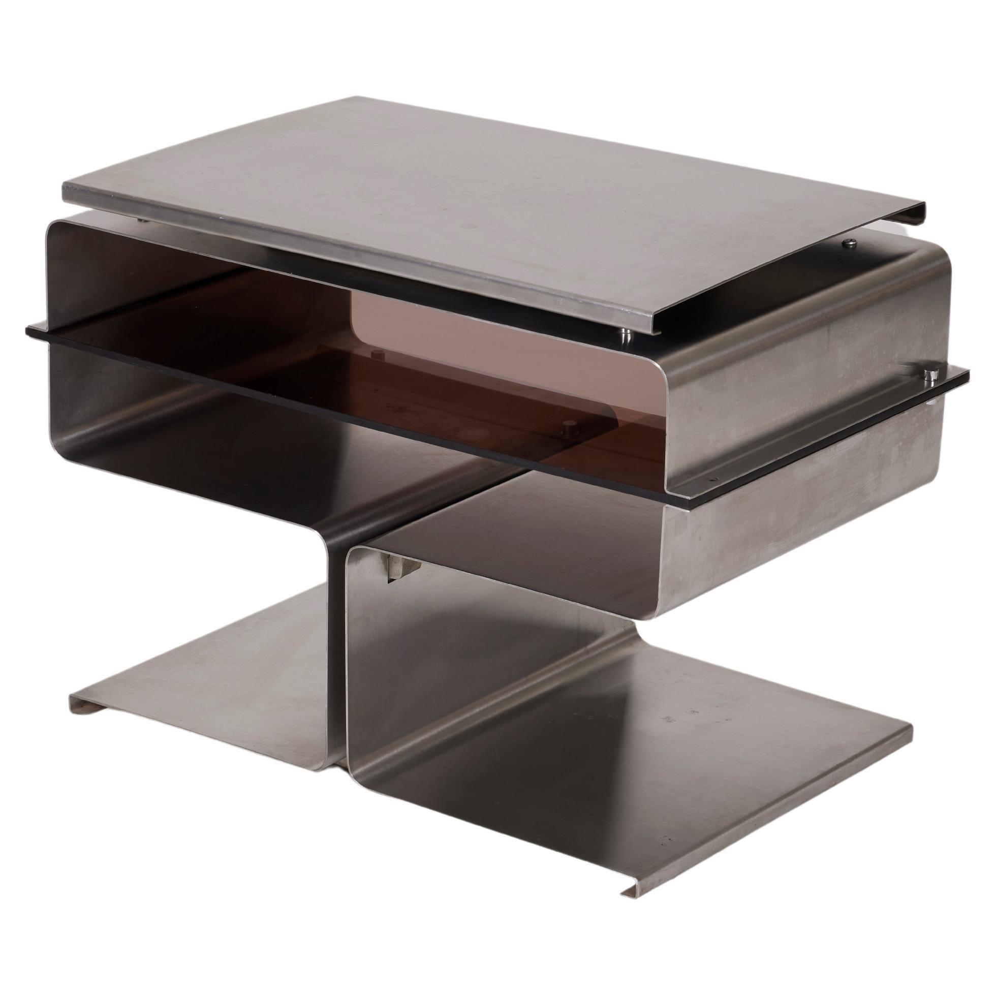 Side Table In Brushed Steel And Plexiglass, François Monnet, 1970s