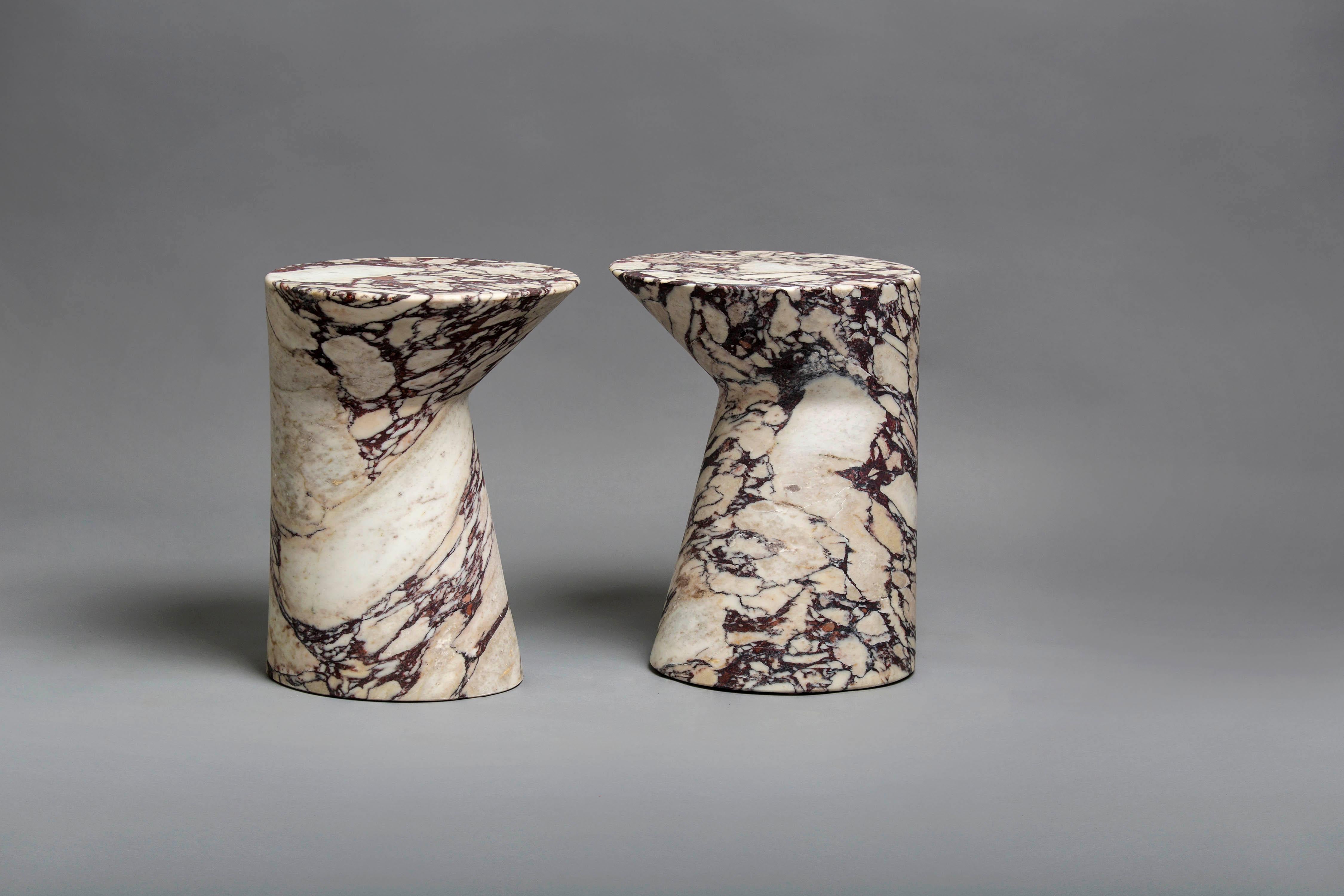Carved Side Table in Calacatta Viola Marble, Io Small by Adolfo Abejon For Sale