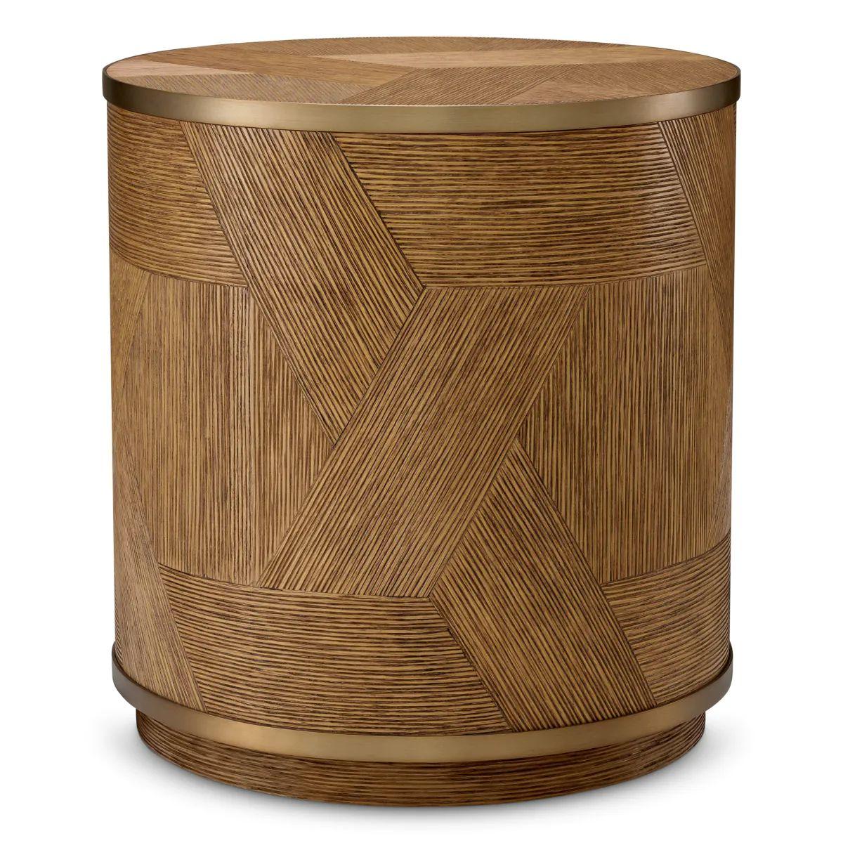 Side Table in Caramel Carved Oak Veneer and Brushed Brass Finish