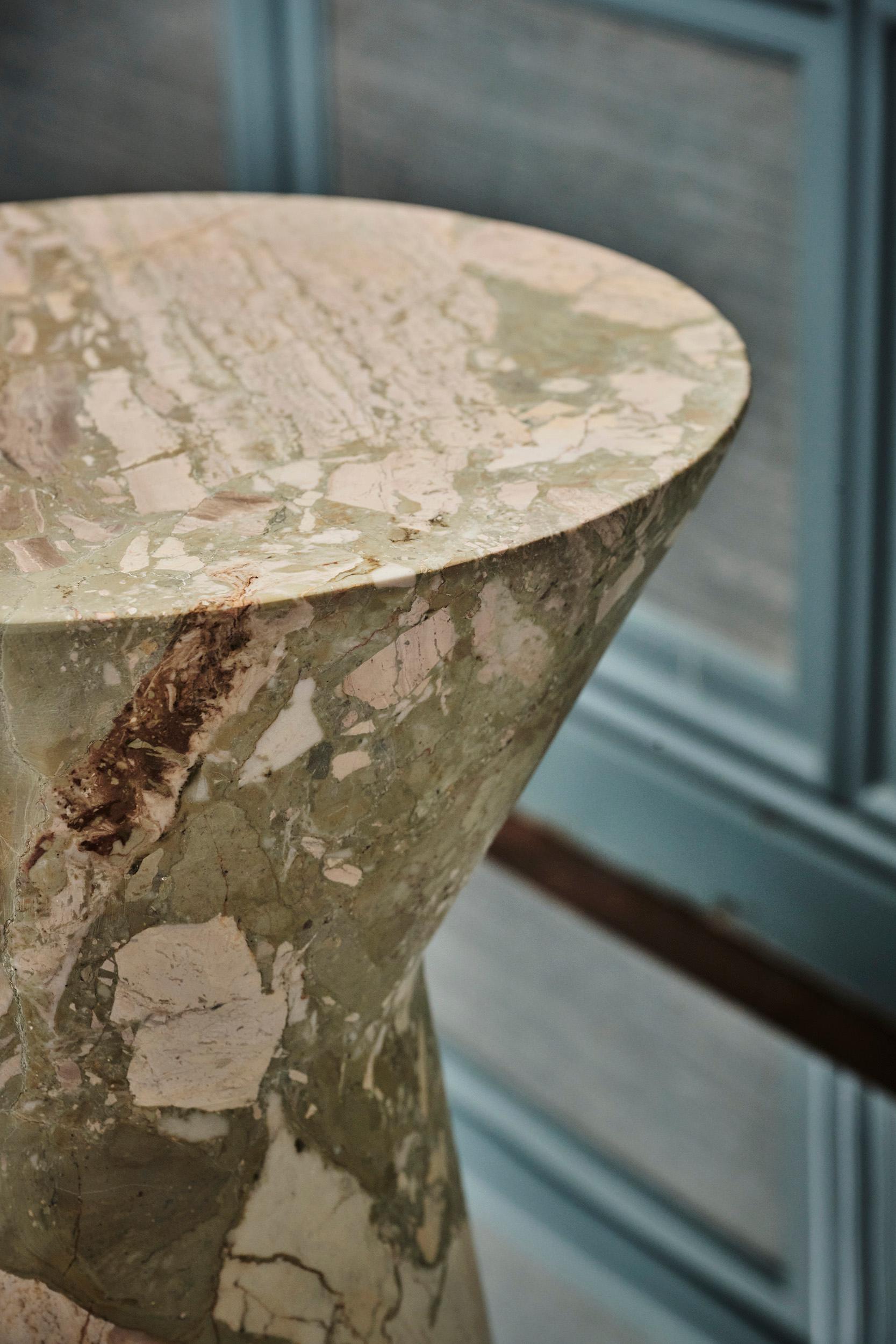 Carved Side Table in Ceppo Monet Marble, Io medium by Adolfo Abejon For Sale