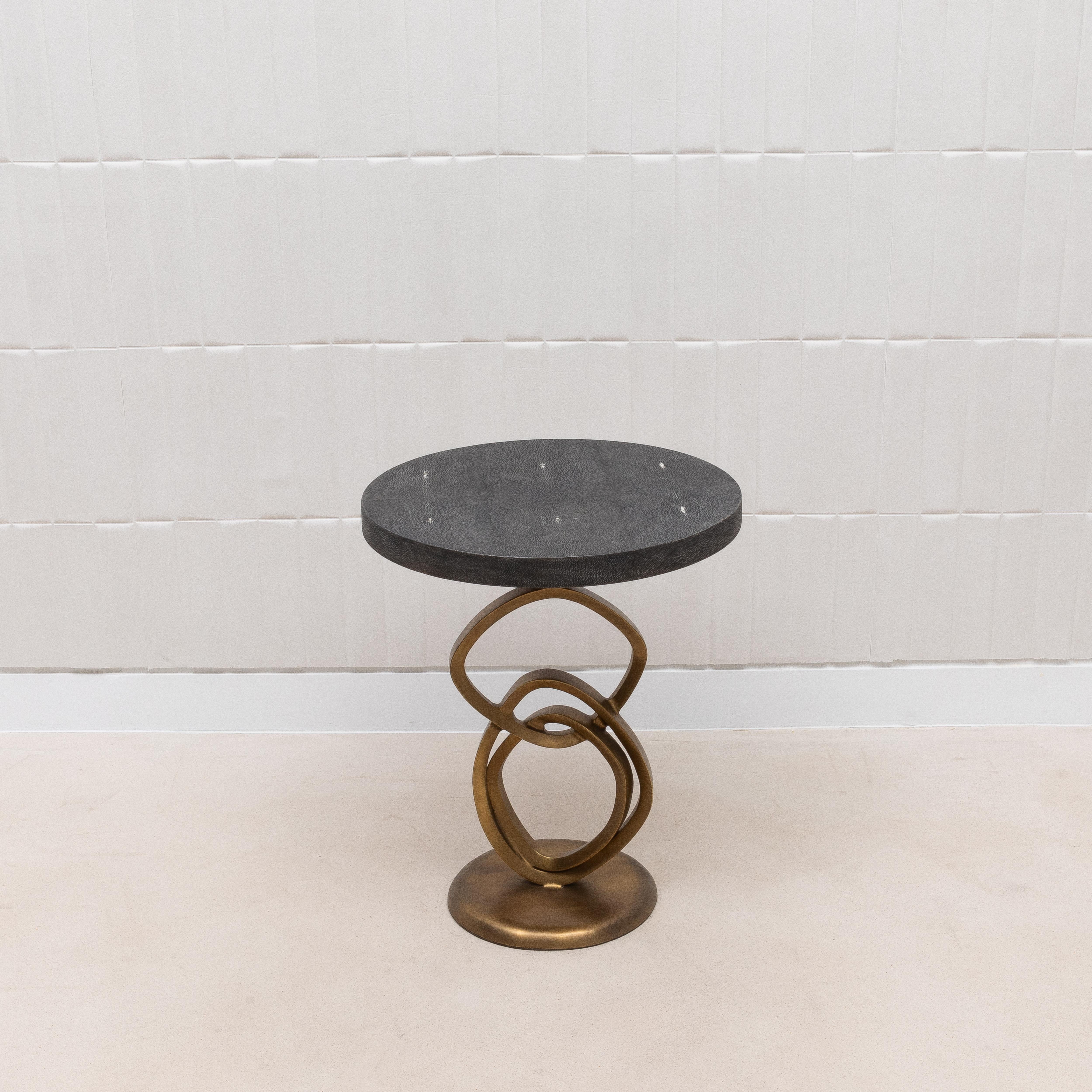 Hand-Crafted Side Table in Coal Black Shagreen with Bronze Patina Brass by Kifu Paris