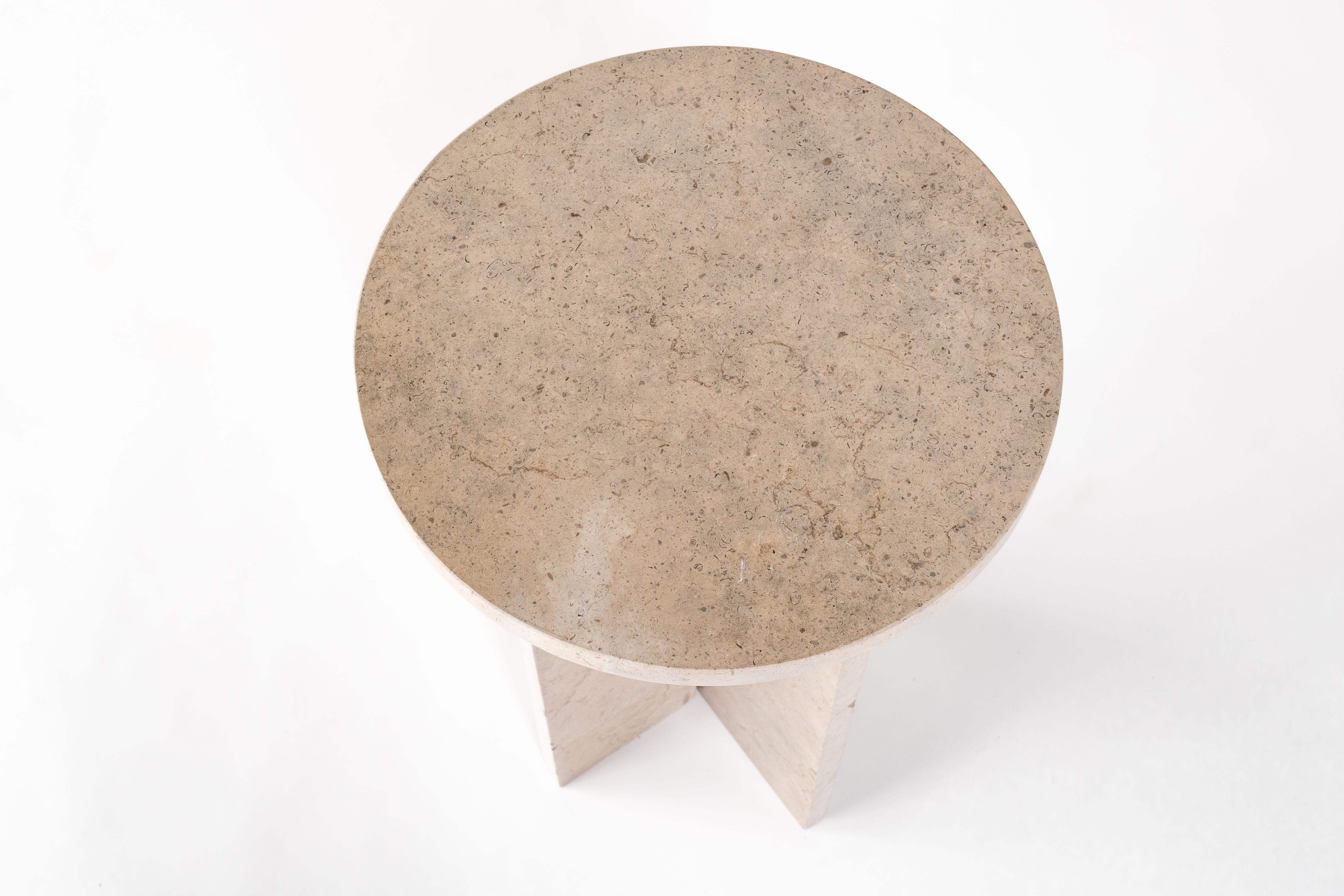 Modern Side Table in Cross Fitted, Lagos Azul Limestone For Sale