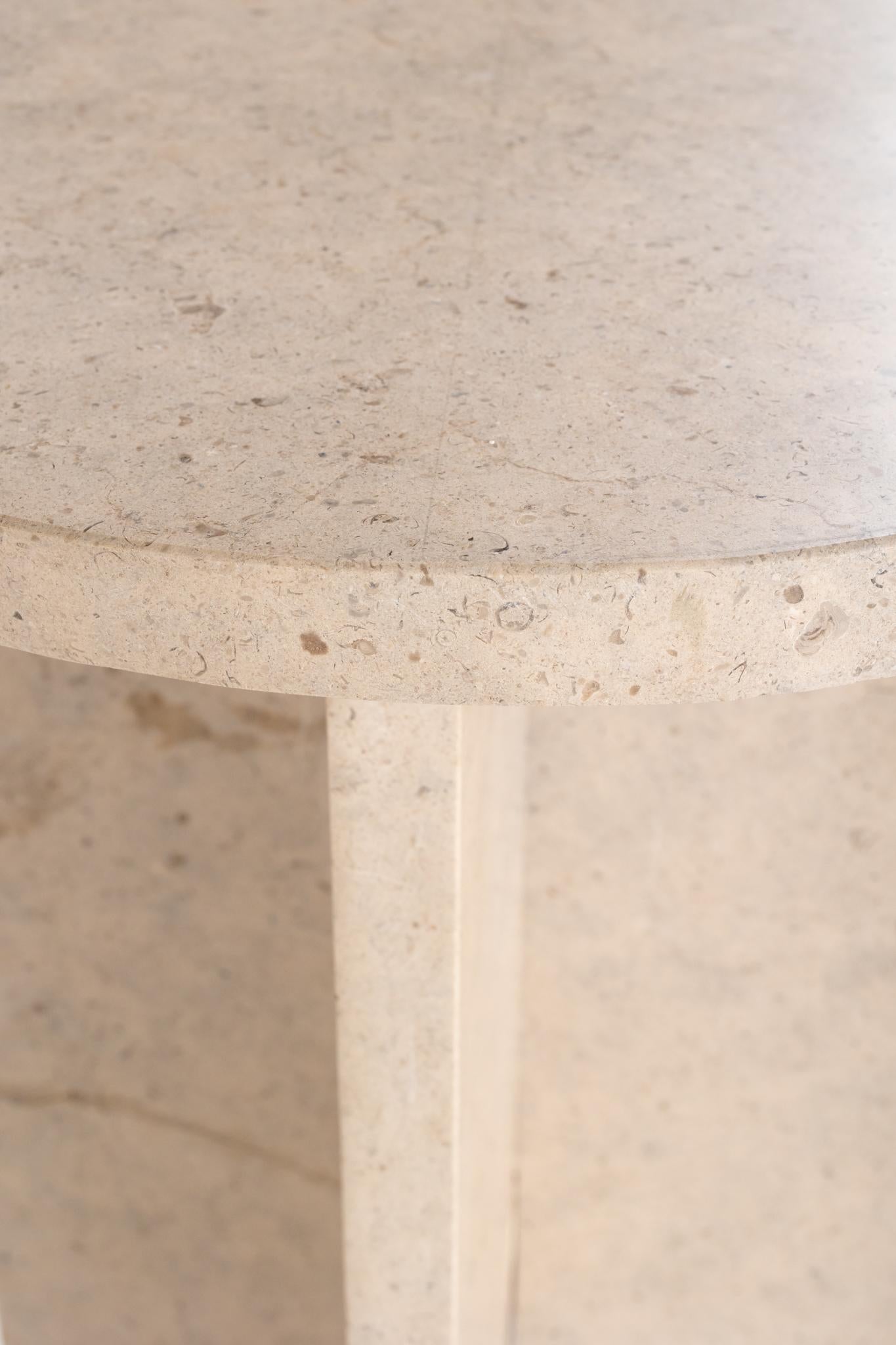 Contemporary Side Table in Cross Fitted, Lagos Azul Limestone For Sale