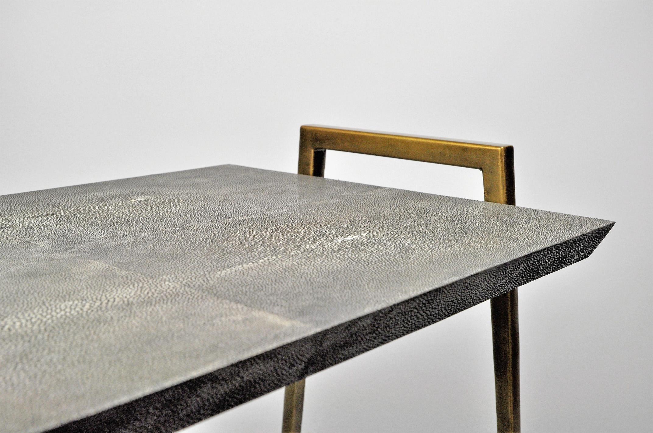 Modern Side Table in Dark Grey Shagreen and Bronzed Metal Legs by Ginger Brown For Sale