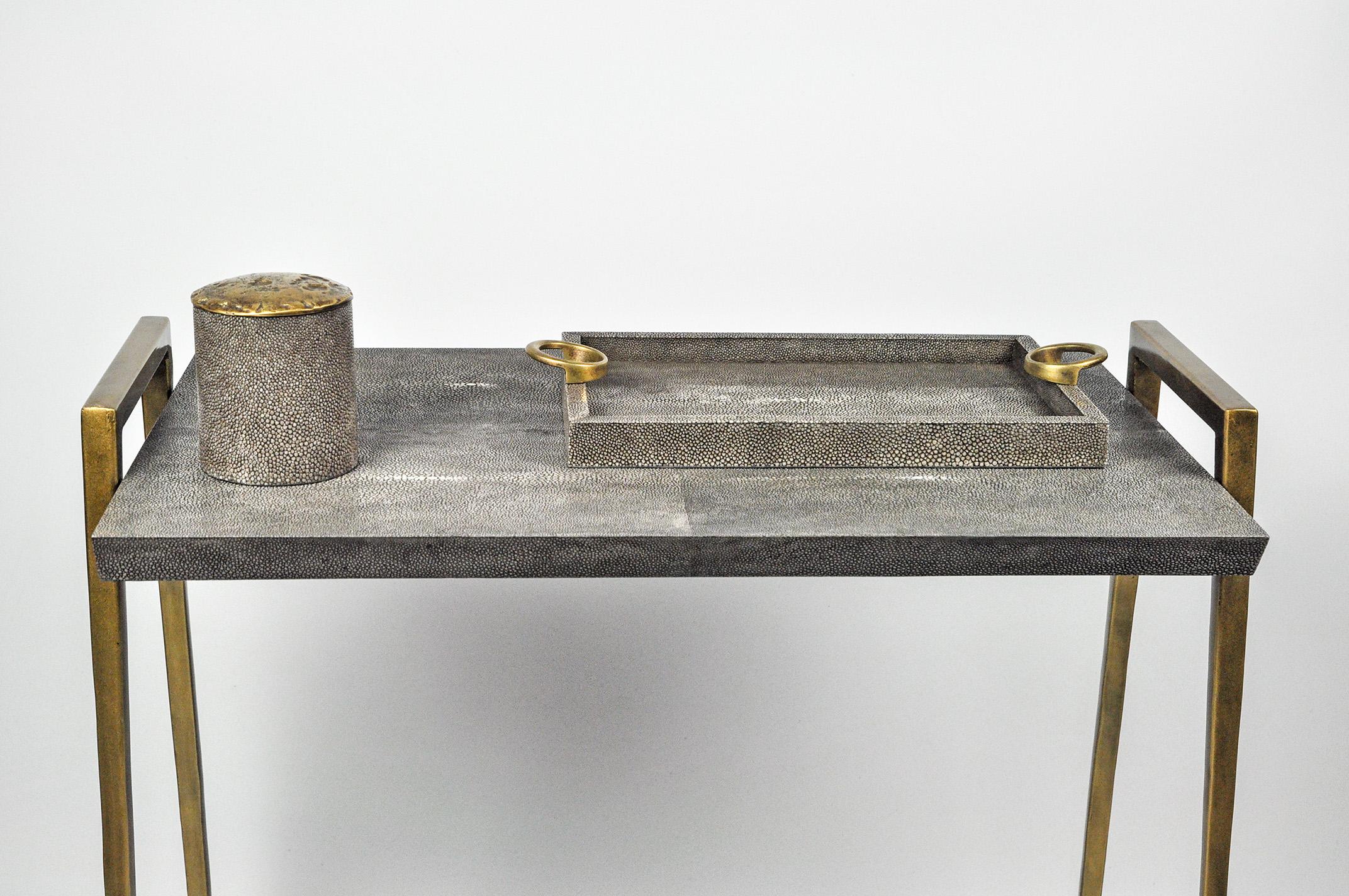 French Side Table in Dark Grey Shagreen and Bronzed Metal Legs by Ginger Brown For Sale