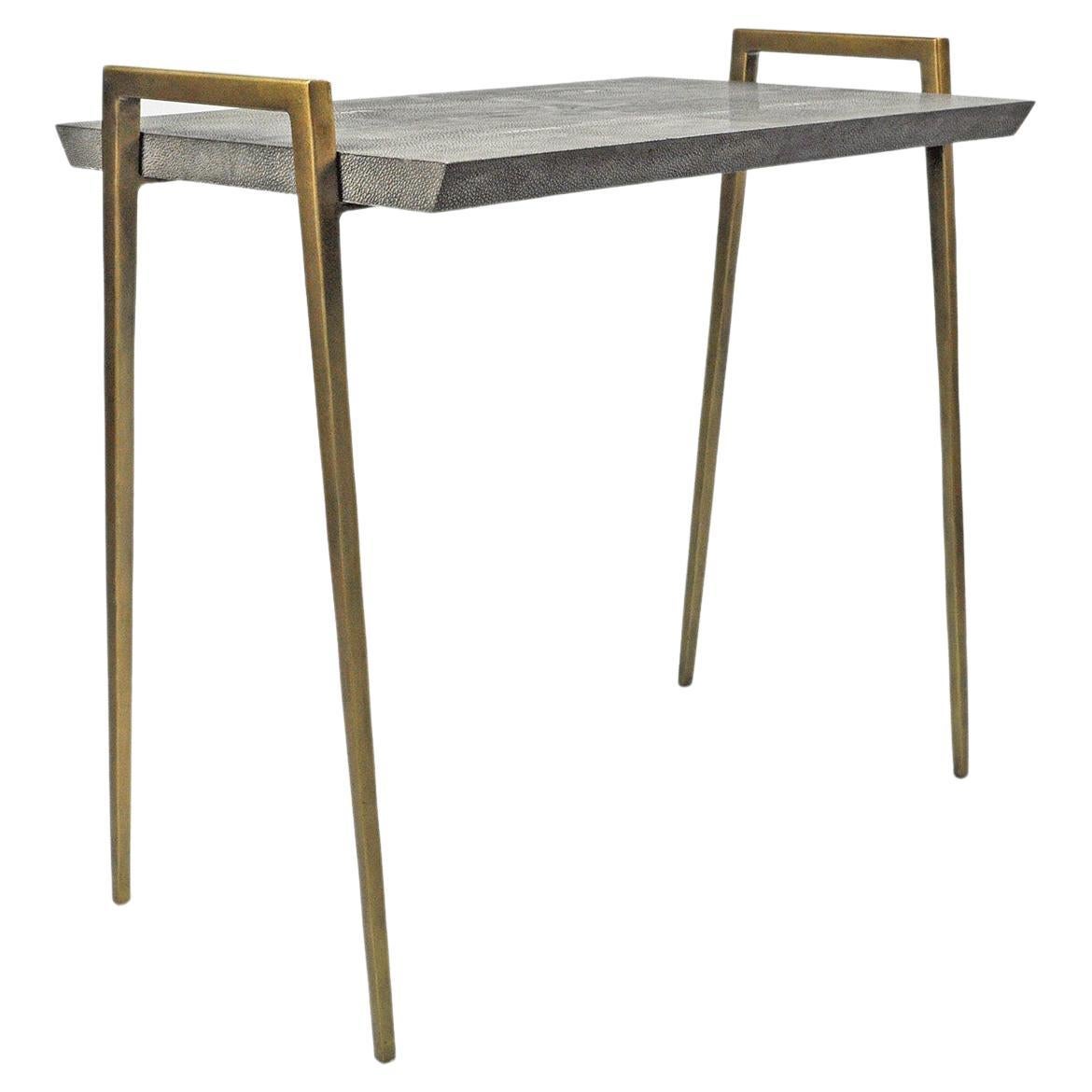 Side Table in Dark Grey Shagreen and Bronzed Metal Legs by Ginger Brown For Sale