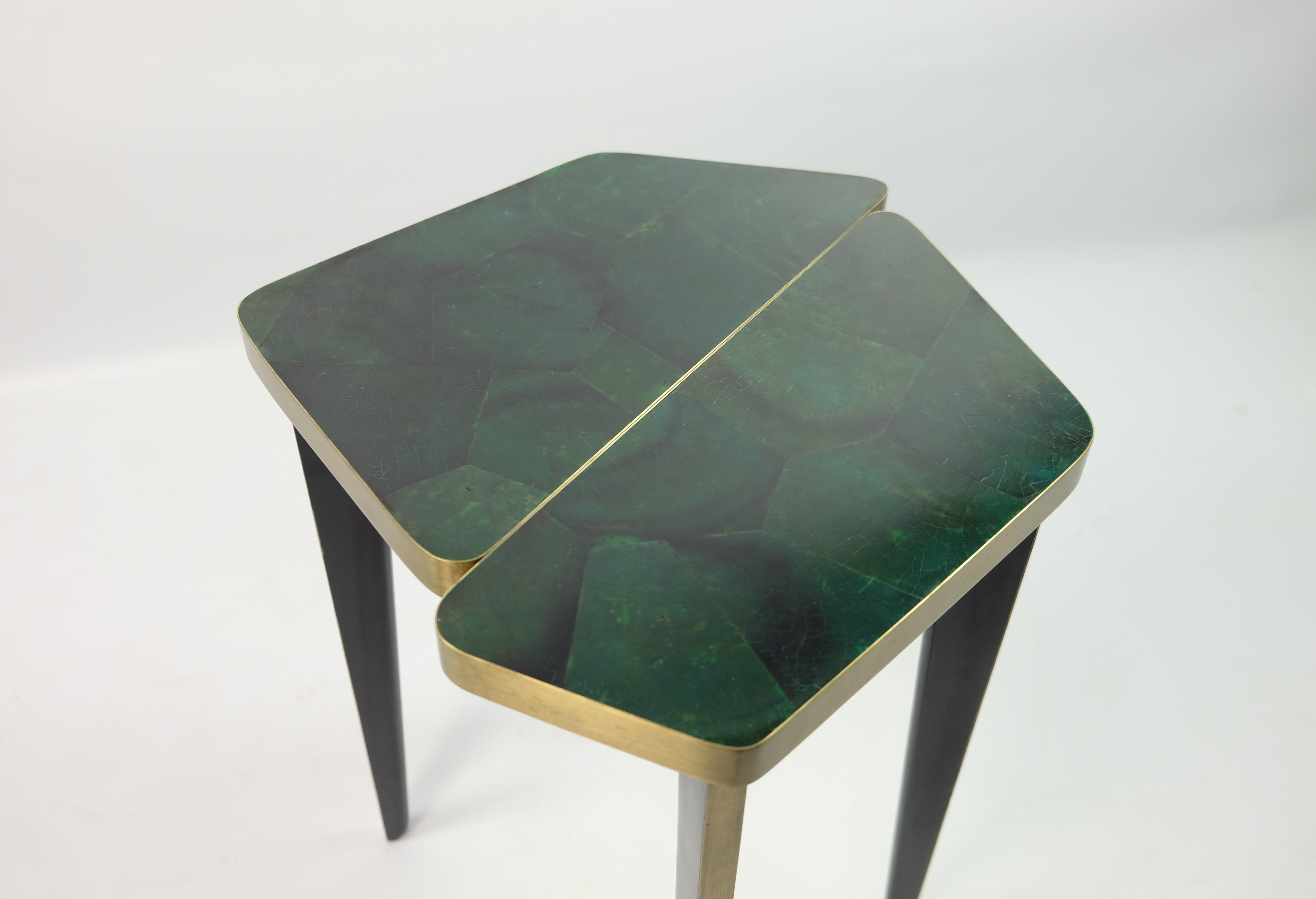 Art Deco Side Table in Green Marquetry and Brass by Ginger Brown For Sale