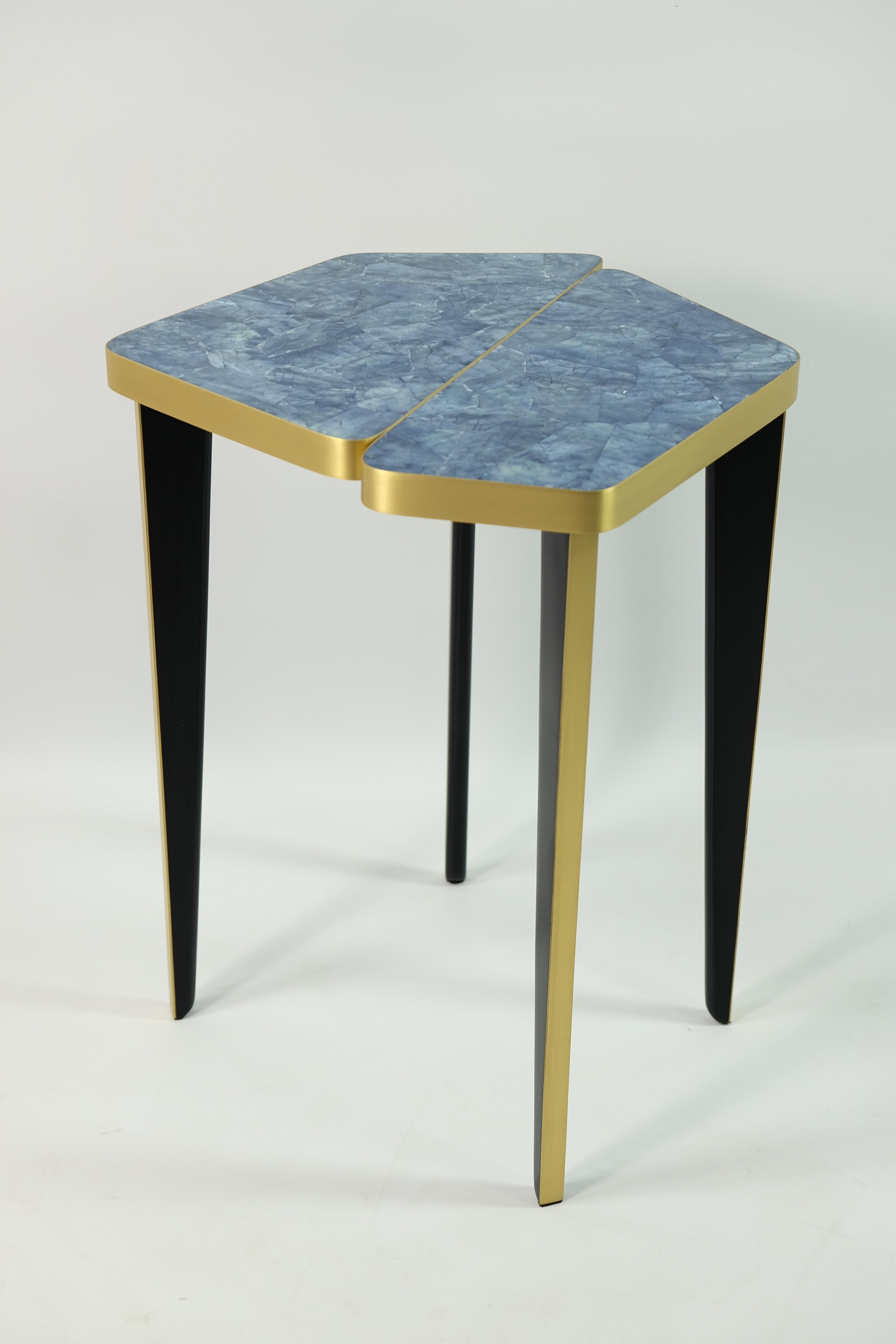 Side Table in Green Marquetry and Brass by Ginger Brown For Sale 1