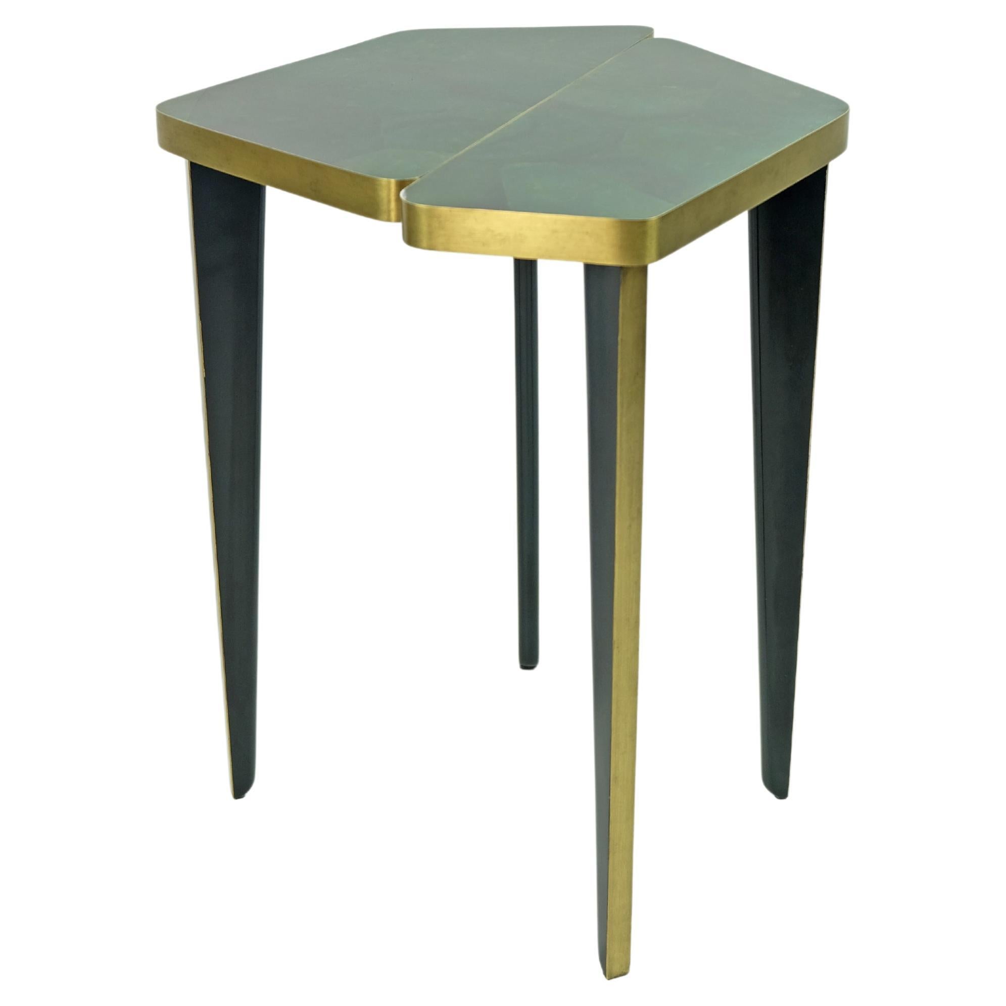 Side Table in Green Marquetry and Brass by Ginger Brown For Sale