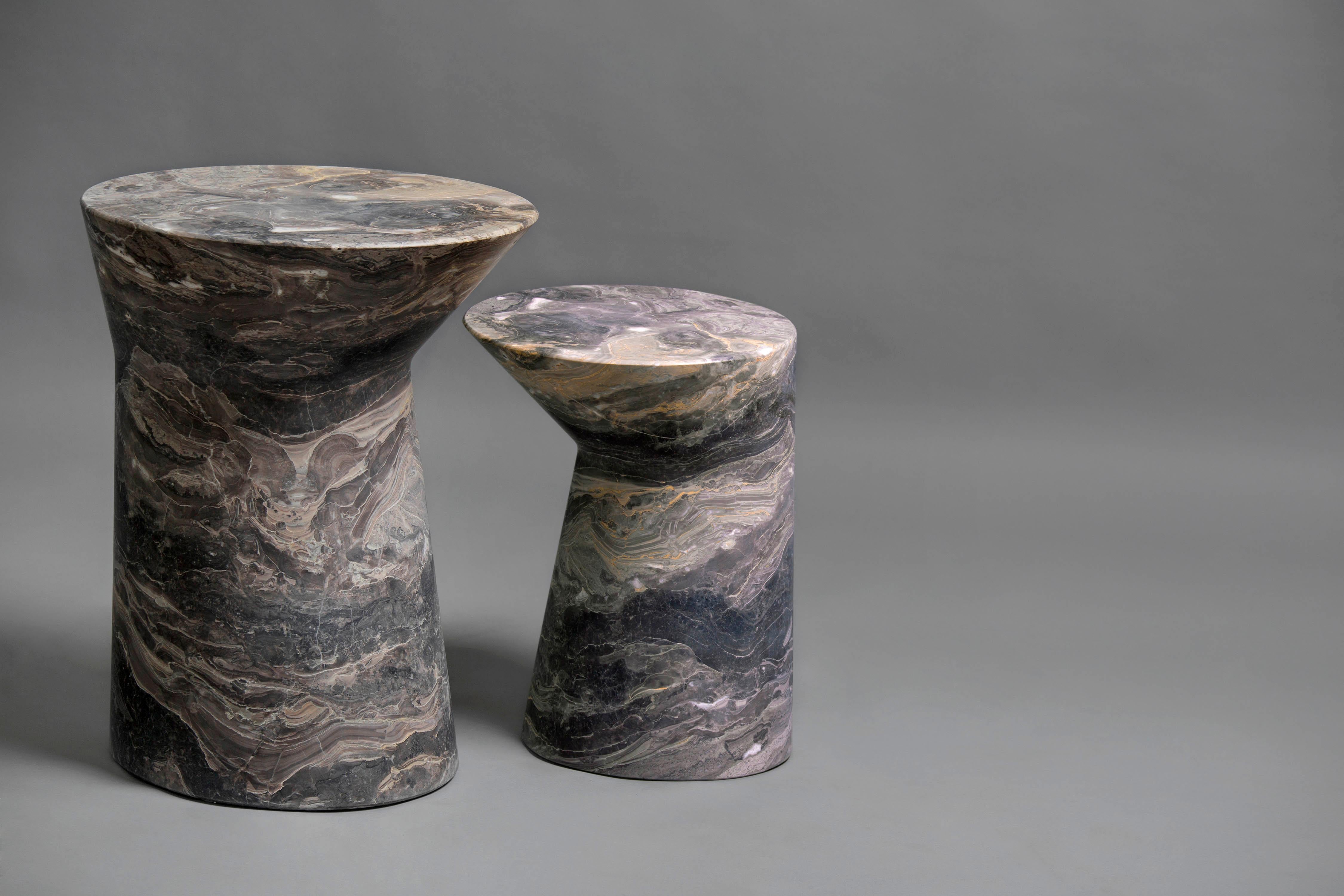 Carved Side Table in Grey Orobico Marble, Io Small by Adolfo Abejon For Sale