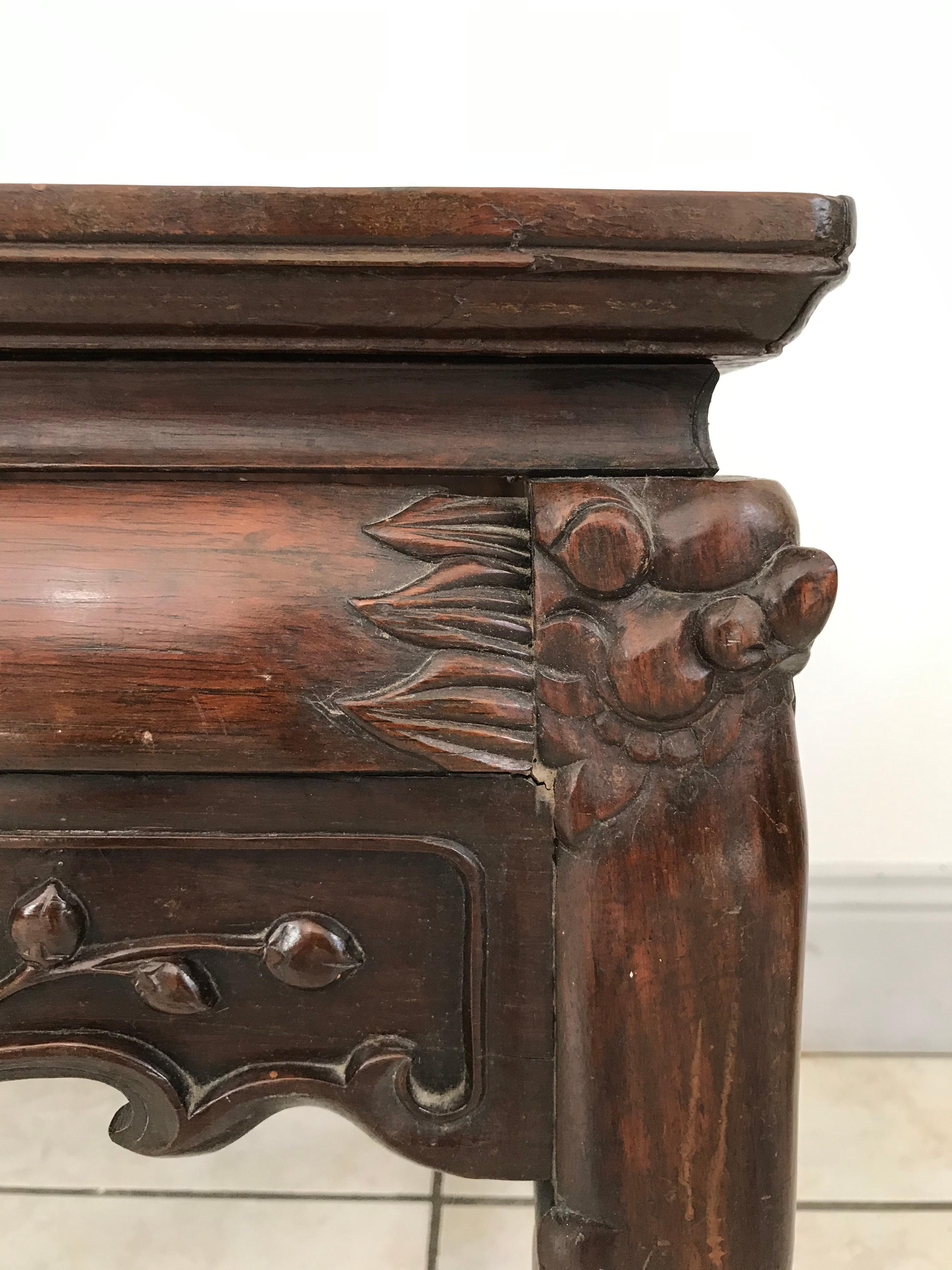 Chinese Side Table in Iron Wood and Marble China Circa 1900 For Sale