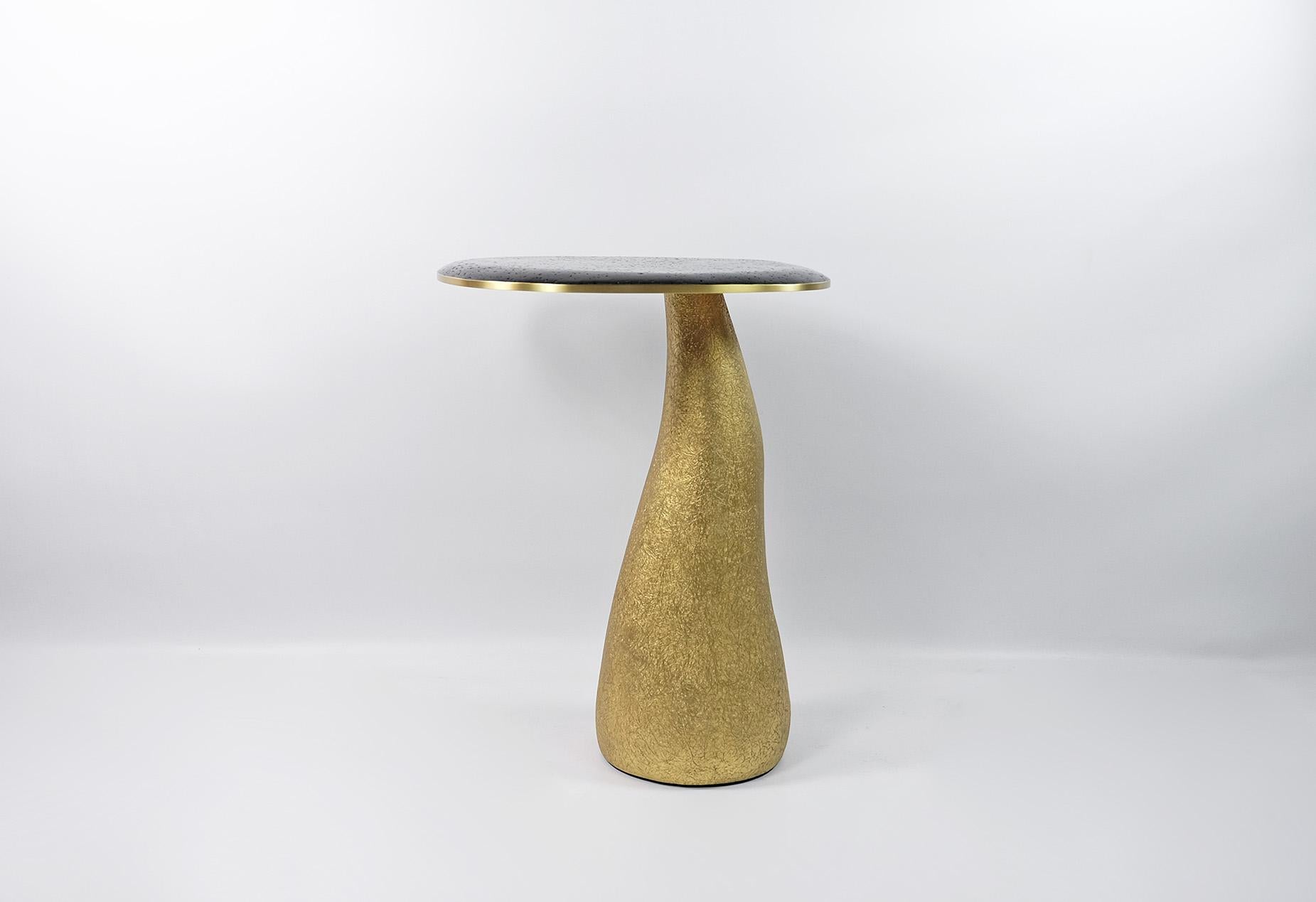 Hand-Crafted Side Table in Lava Stone and brass with a Gilded Base