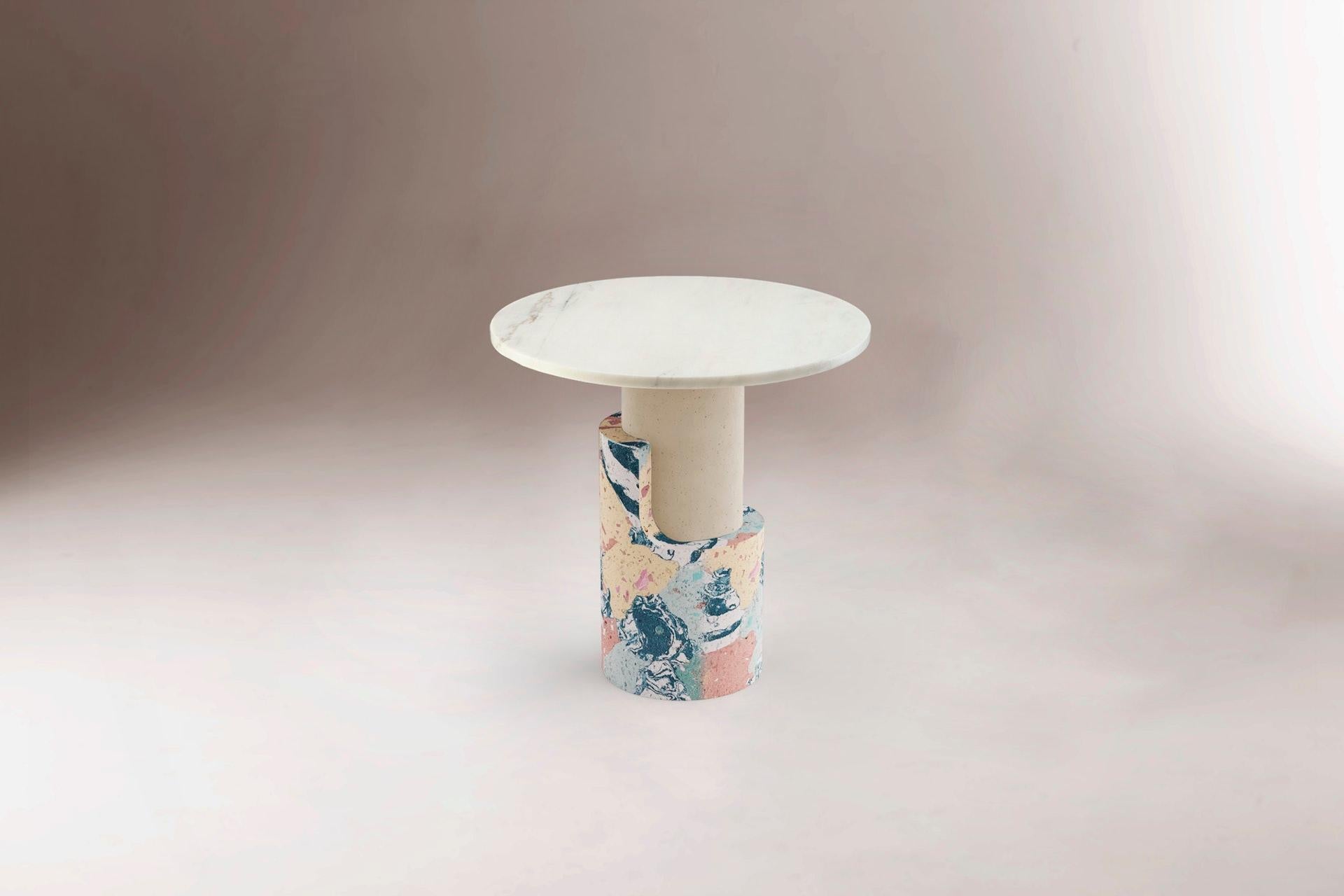 Portuguese Brutalist inspired Side Table Braque in Marbled Cement and Marble Beige and Blue