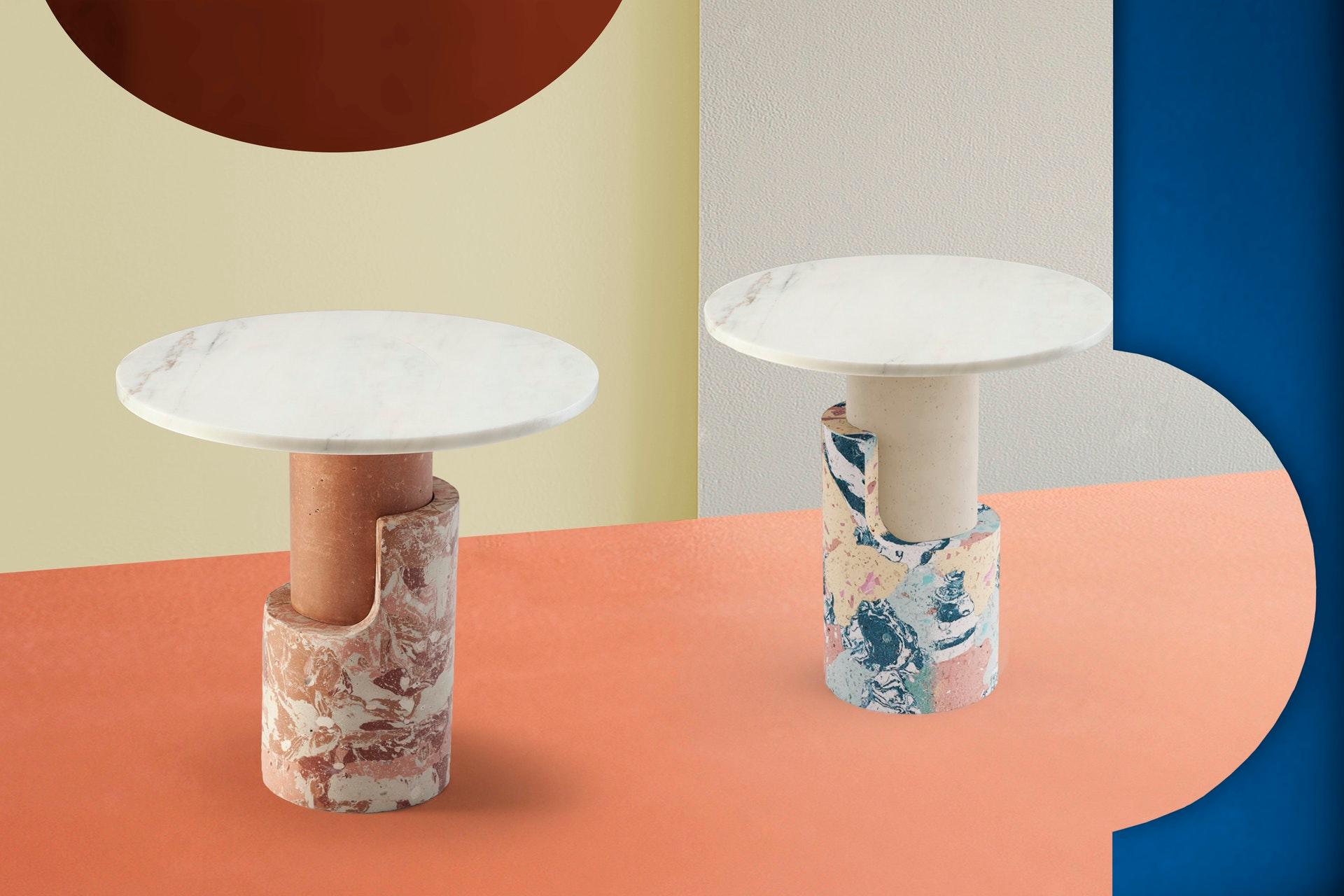 Brutalist inspired Side Table Braque in Marbled Cement and Marble Beige and Blue In New Condition In Lisbon, PT