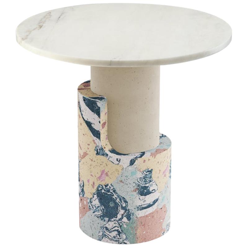 Brutalist inspired Side Table Braque in Marbled Cement and Marble Beige and Blue
