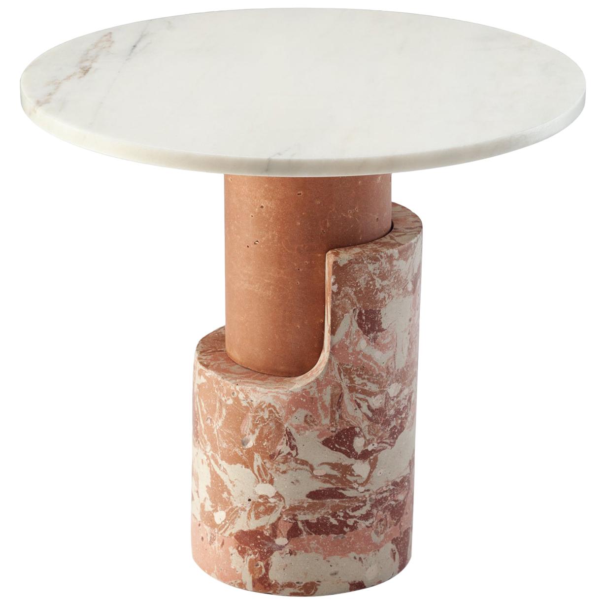 Brutalist inspired Side Table Braque in Marbled Cement and Marble, Blossom Pink