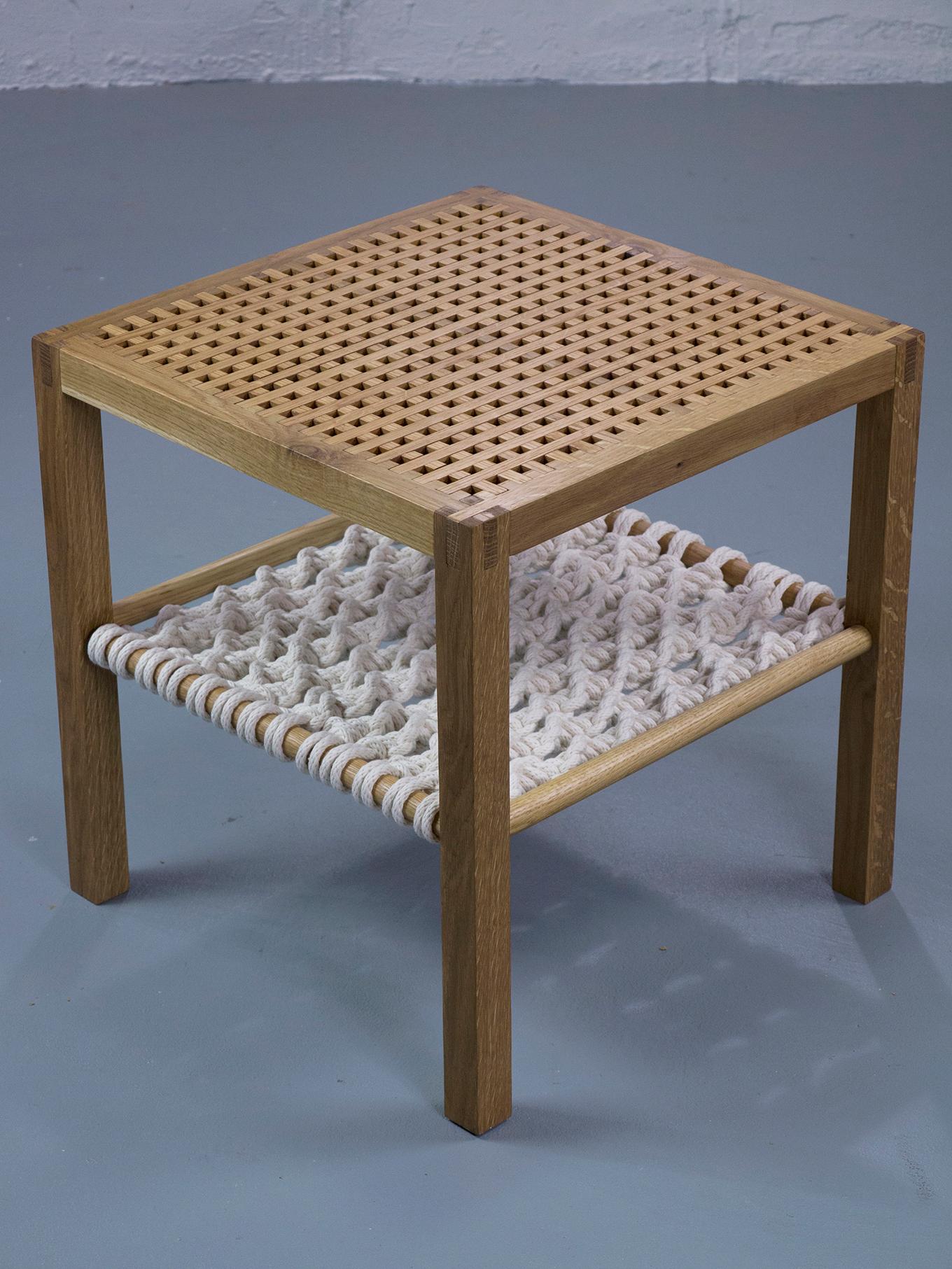 Contemporary SIDE TABLE in solid white oak with a lattice top and macrame magazine shelf For Sale