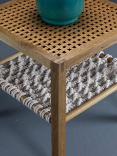 SIDE TABLE in solid white oak with a lattice top and macrame magazine shelf