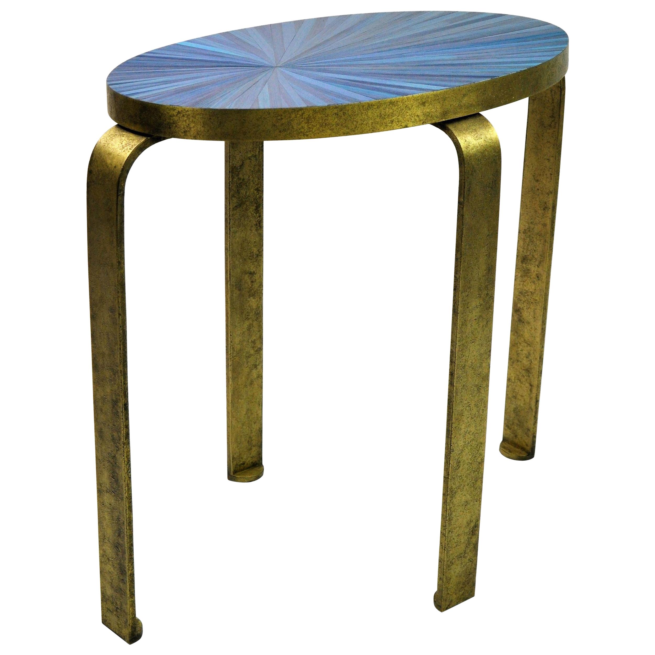 Side Table in Straw Marquetry and Textured Brass by Ginger Brown