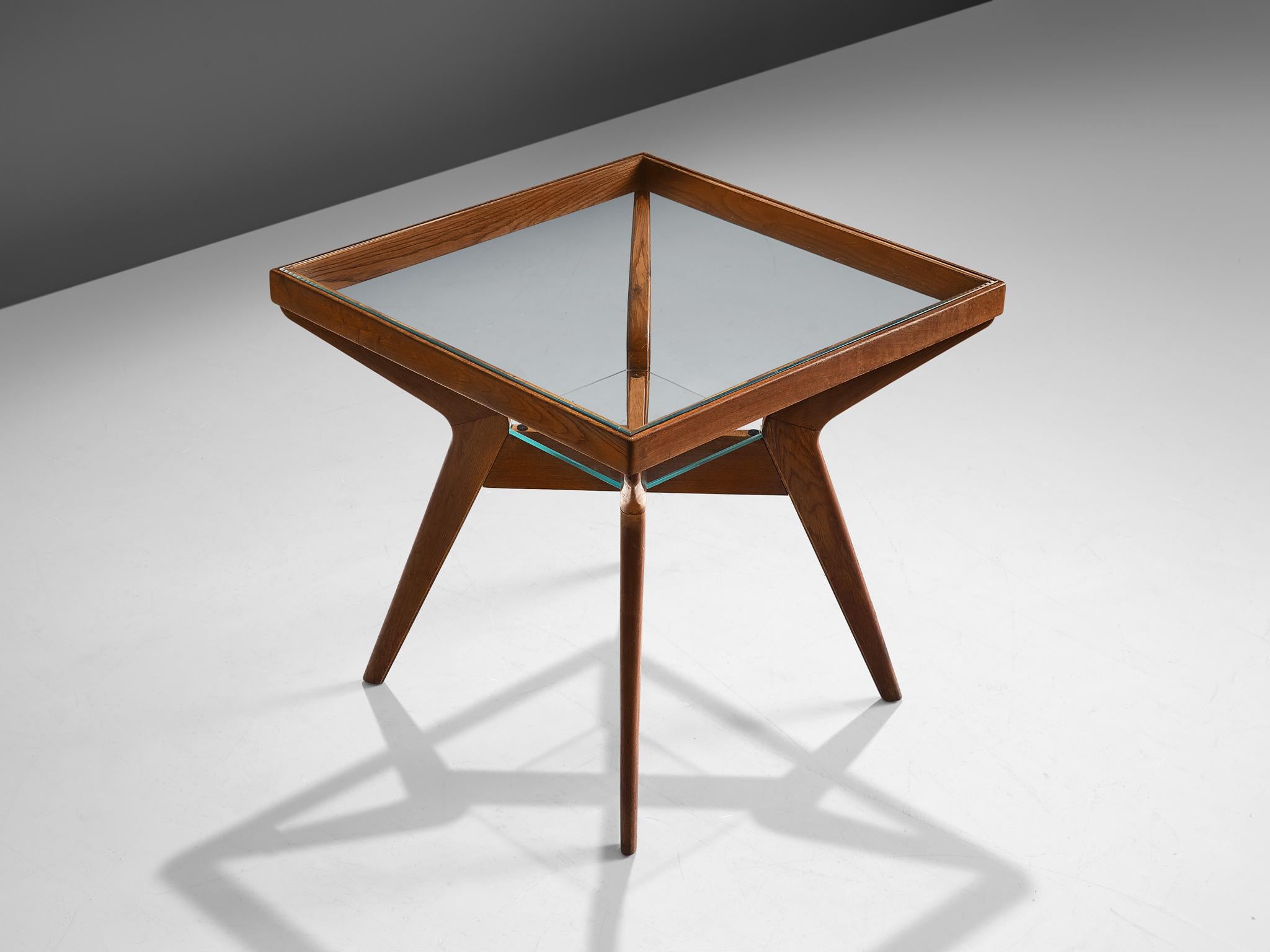 Italian Side Table in Oak and Glass, Italy, 1970s
