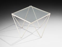 Side Table in White Metal with Glass Top