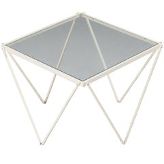 Side Table in White Metal with Glass Top