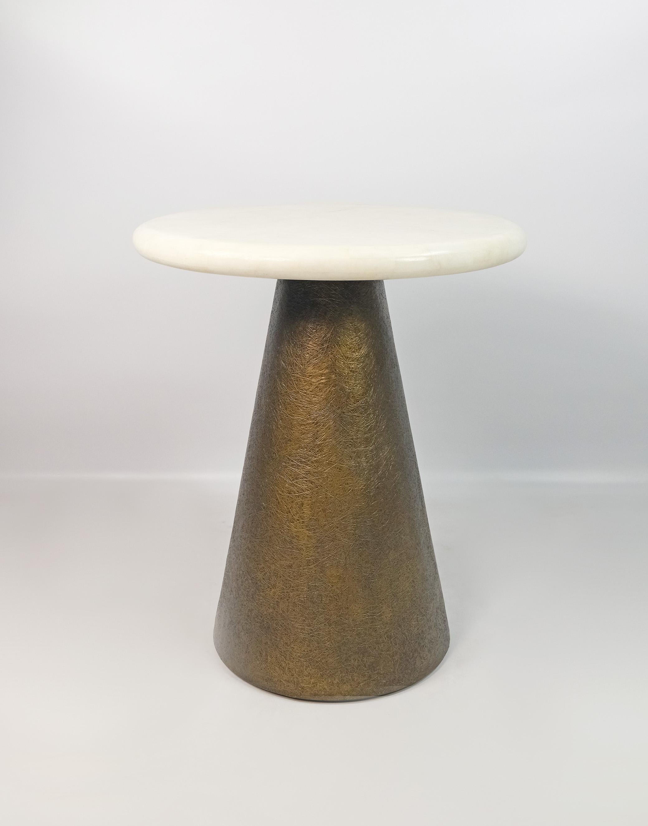 Hand-Crafted Side Table in White Rock Crystal with a bronzed Base For Sale