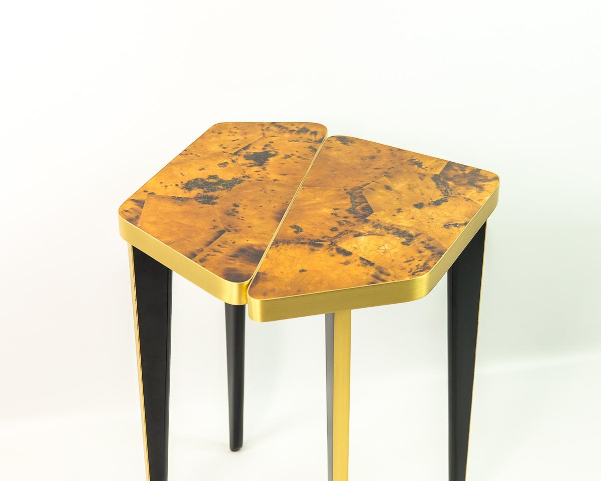 Side Table in Yellow Marquetry and Brass by Ginger Brown In New Condition For Sale In Bourguebus, FR