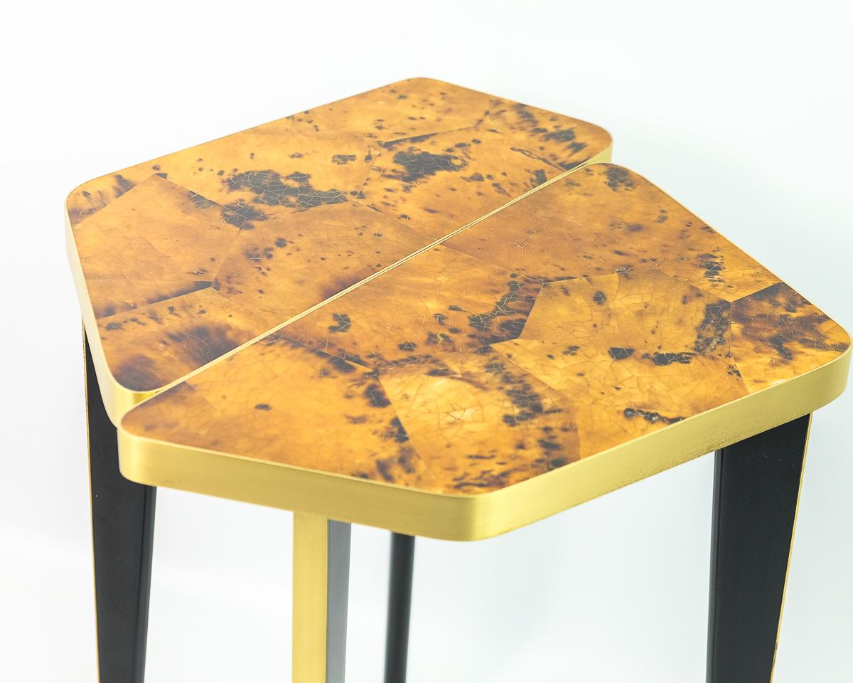 Contemporary Side Table in Yellow Marquetry and Brass by Ginger Brown For Sale