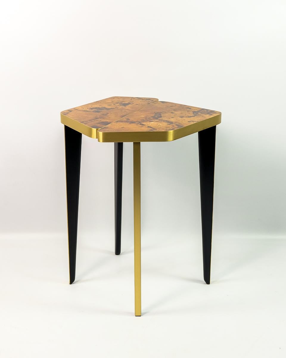 Side Table in Yellow Marquetry and Brass by Ginger Brown For Sale 1