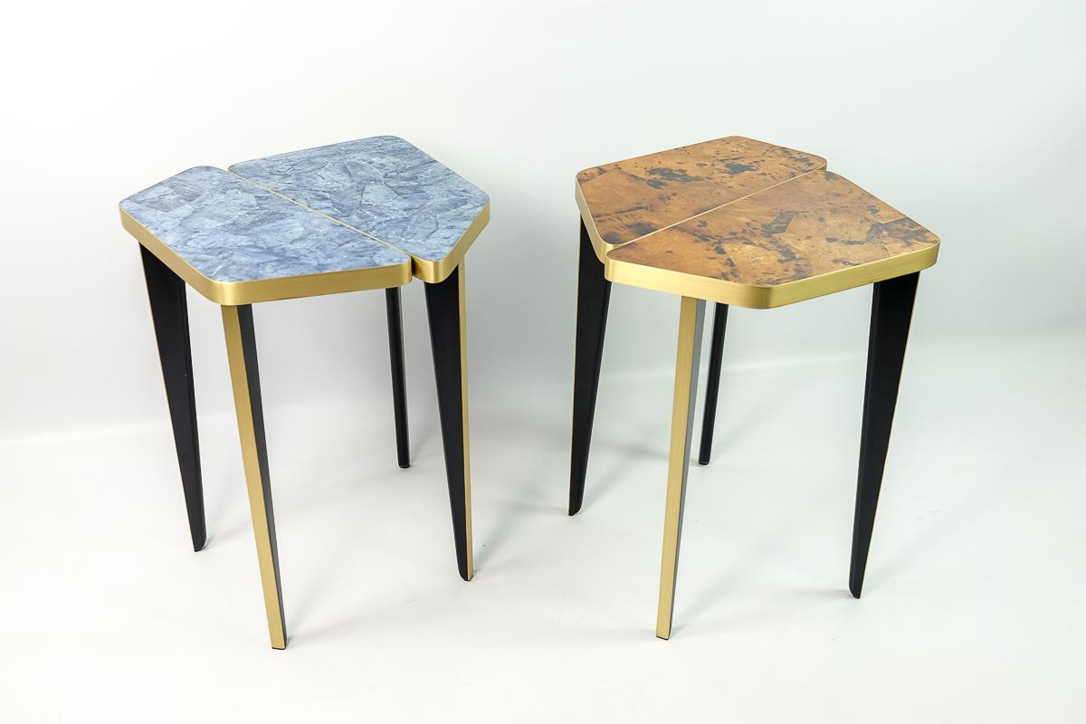 Side Table in Yellow Marquetry and Brass by Ginger Brown For Sale 2