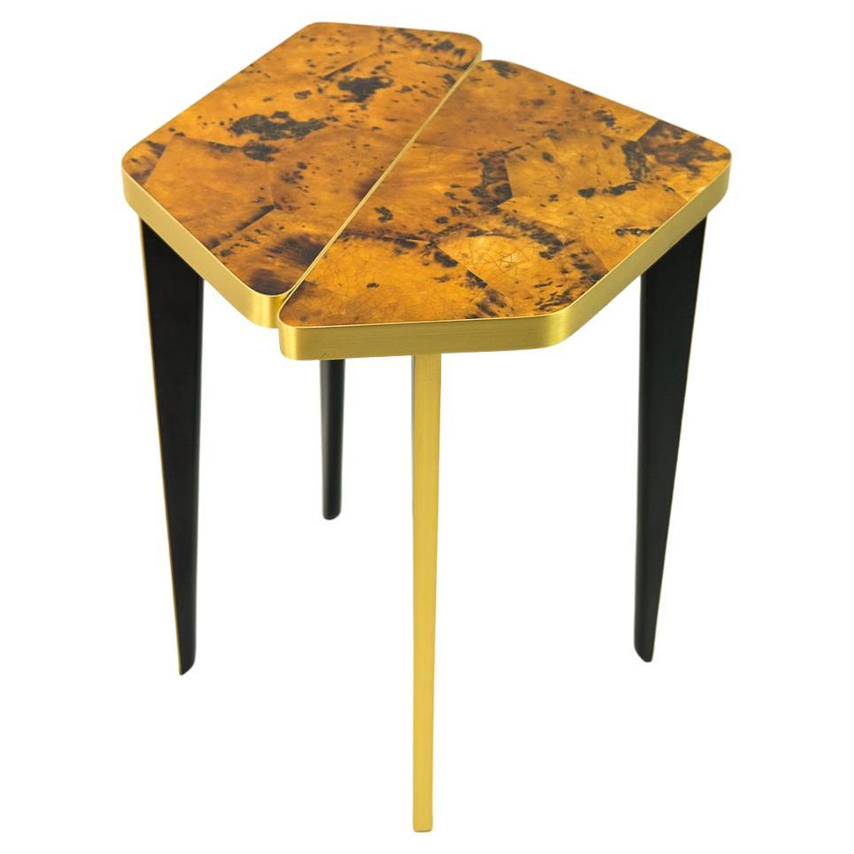 Side Table in Yellow Marquetry and Brass by Ginger Brown