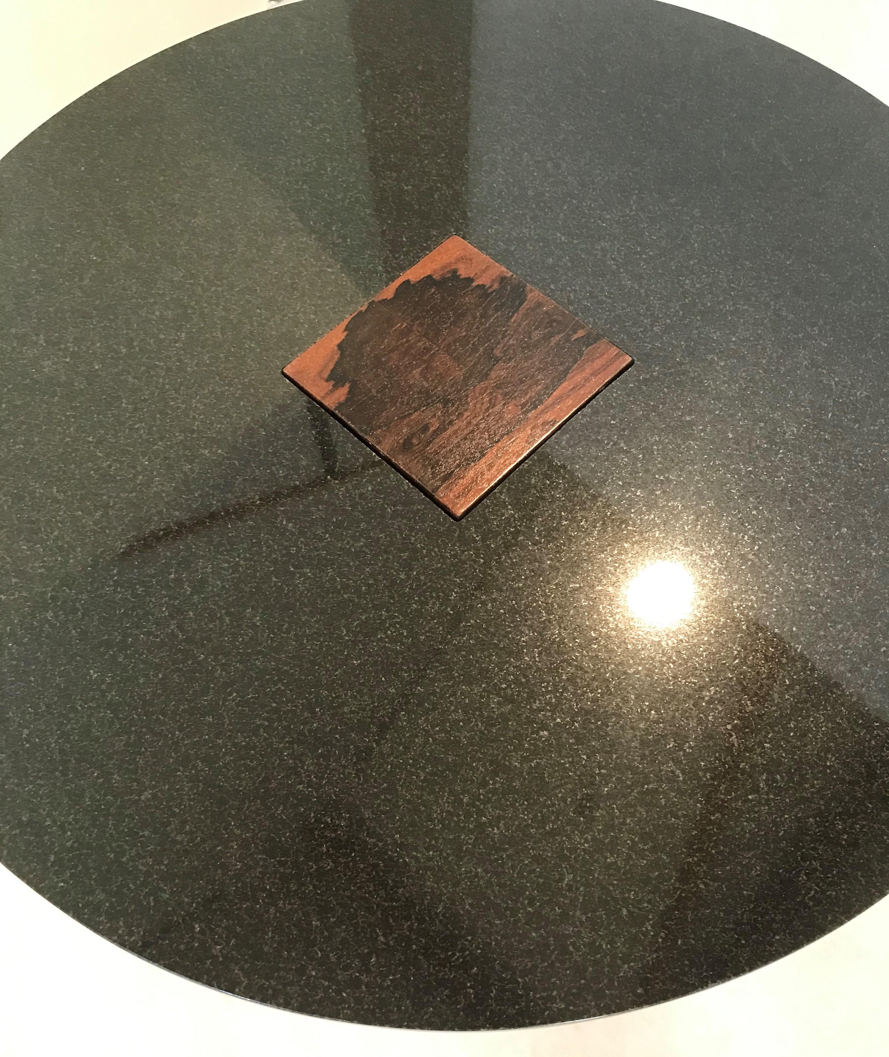 Modern Side Table in Zircote Wood, Absolute Black Granite and Blackened Steel