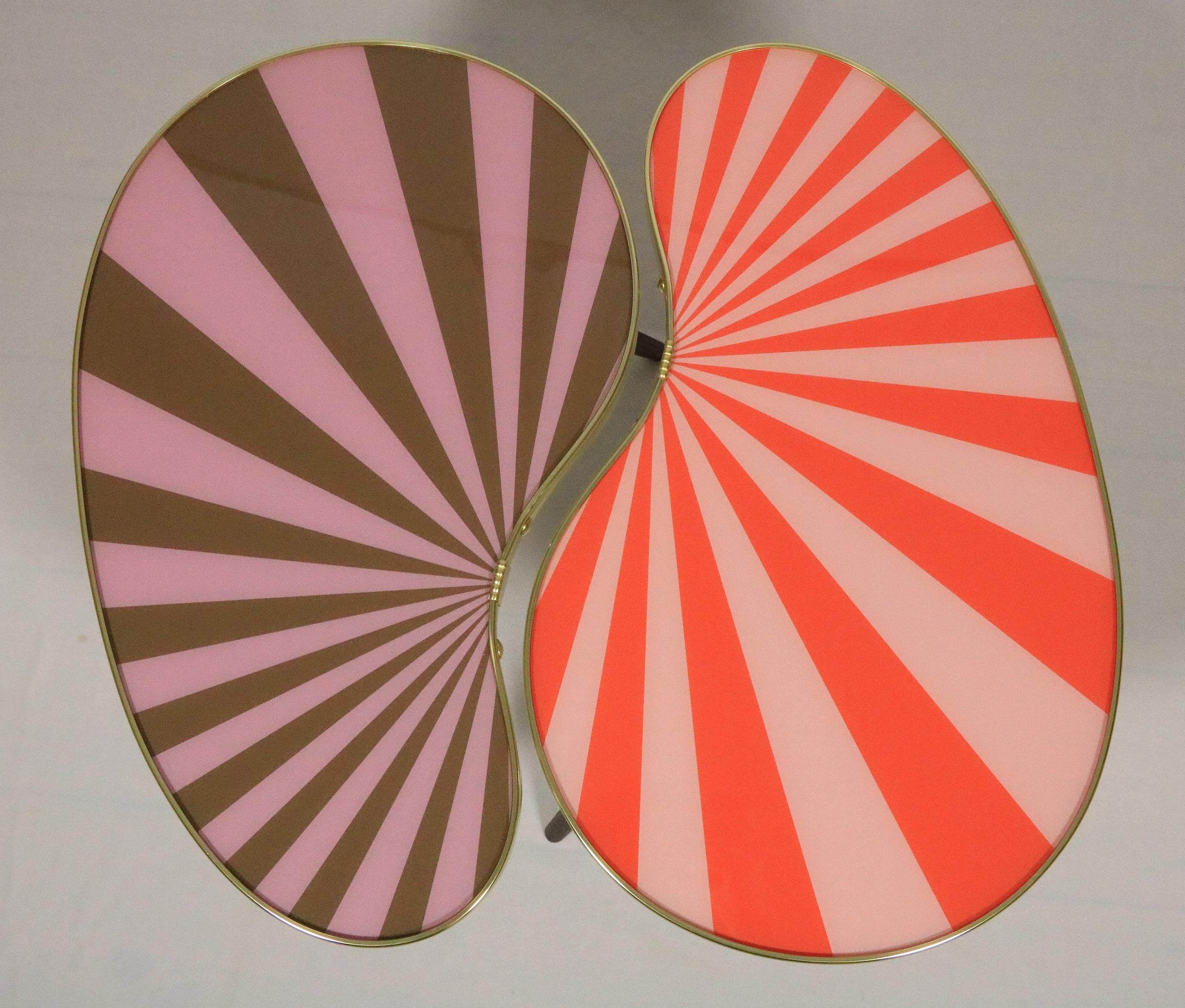Hand-Crafted Small Side Table, Kidney Shaped, Pink-Taupe Stripes, 3 Elegant Legs, 50s Style