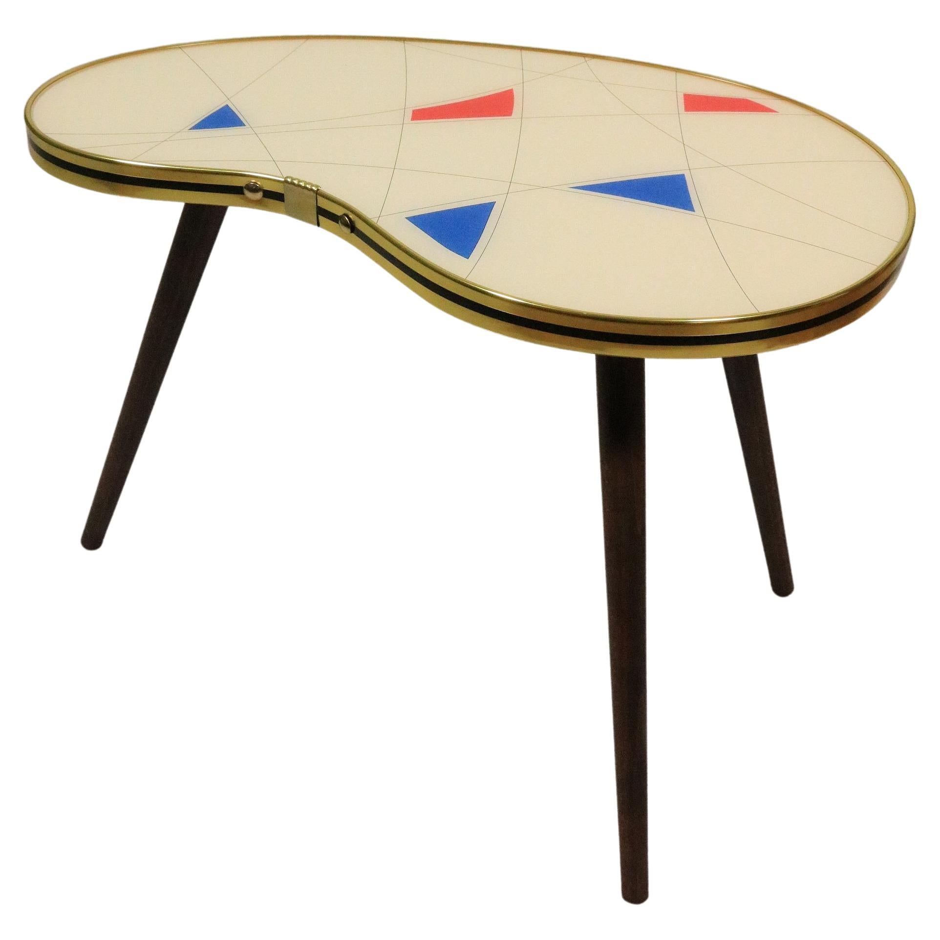 Side Table, Kidney Shaped, Geometric Pattern, Three Elegant Legs, 50s Style For Sale