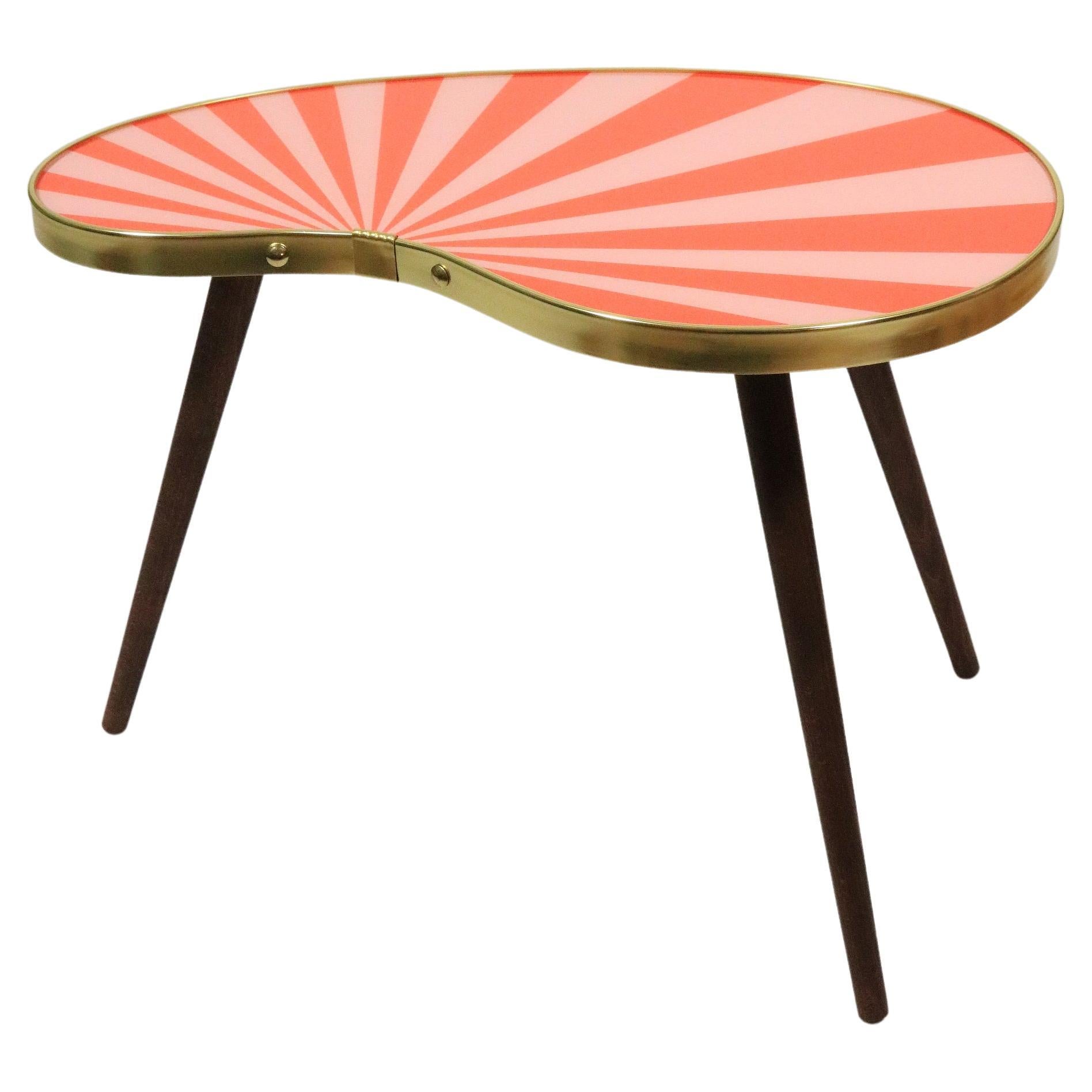 Side Table, Kidney Shaped, Red-Pink Stripes, Three Elegant Legs, 50s Style  For Sale