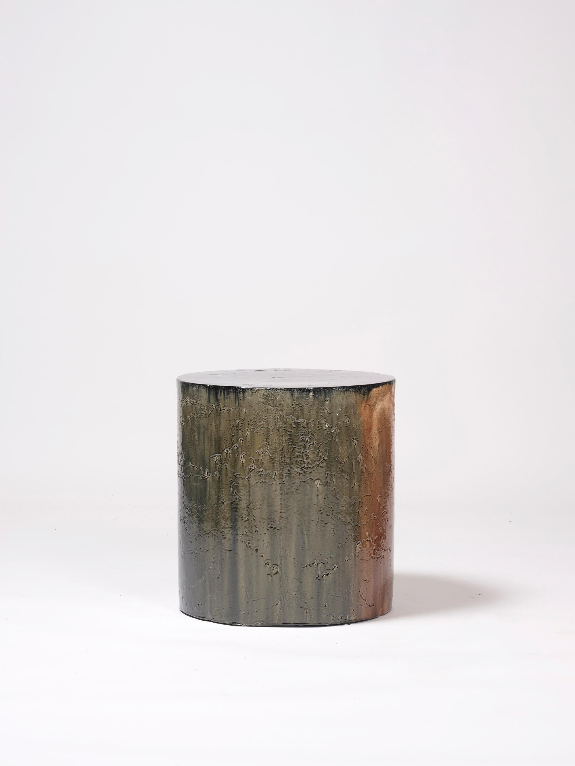 Espagnol Tabouret de table d'appoint colonne en céramique contemporain émaillée noir, vert et marron
