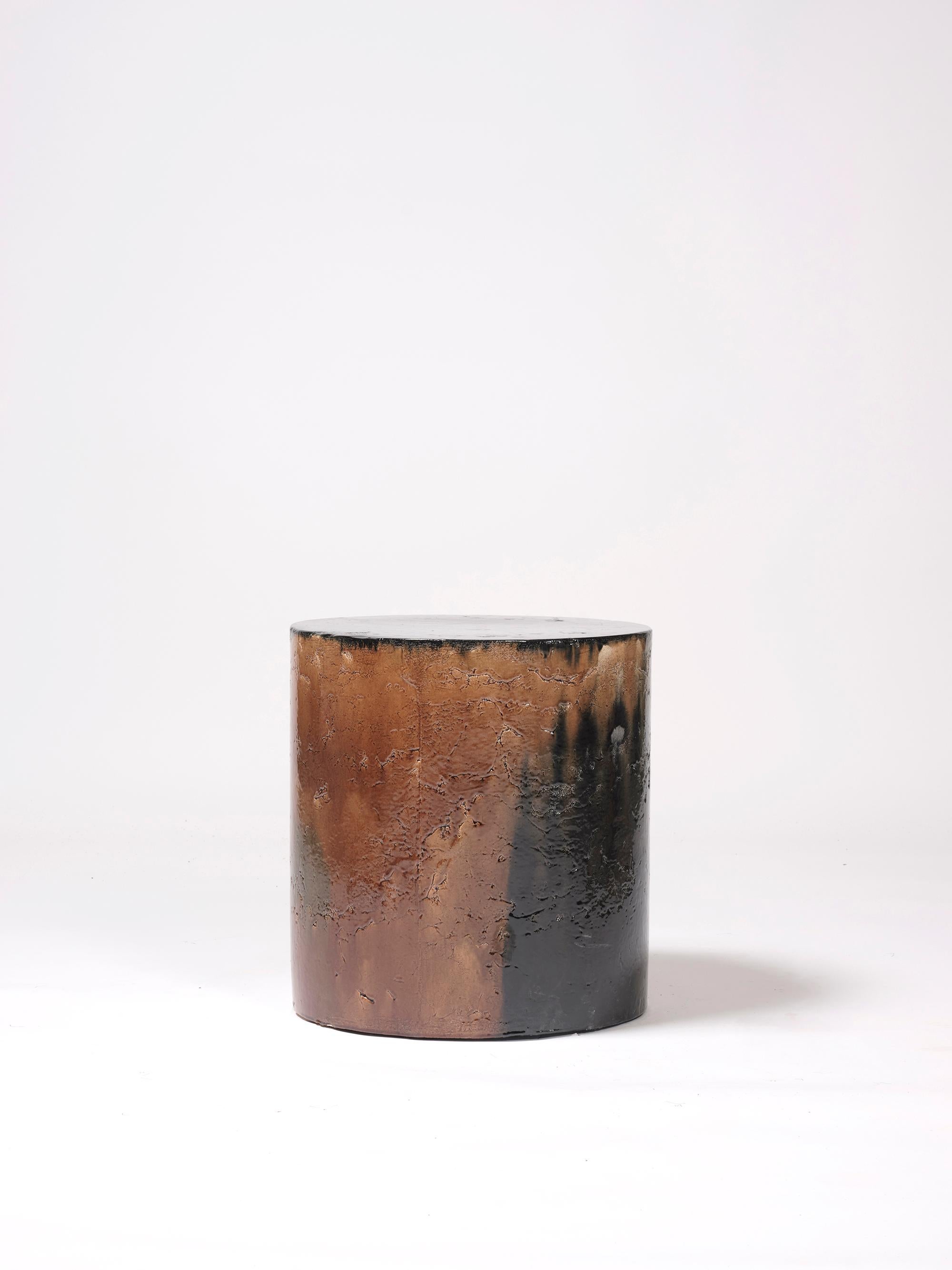 Enameled Contemporary Ceramic Side Table Column Stool Black Green Brown Glazed Stoneware