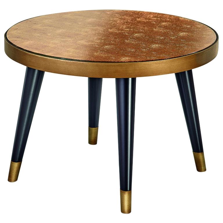 Side Table Legs Lacquered Wood Metal Feet Caps Distressed Finish Top in Vetrite